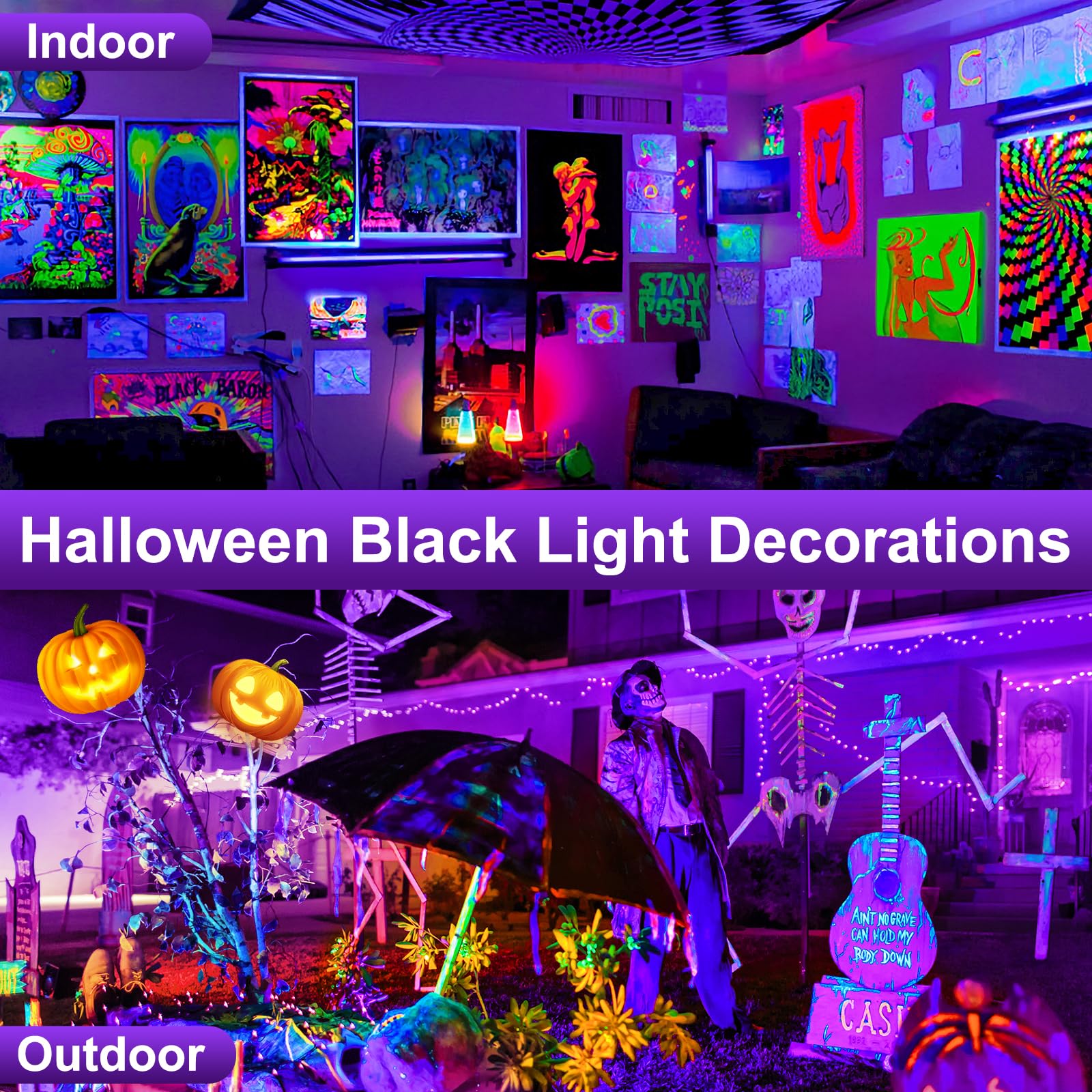 T-SUNUS Foco LED Negra Recargable, 2 Piezas Luz Negra UV con Batería, 2 Niveles de Intensidad, Impermeable IP66, Lámpara de Escenario con Imán, para Halloween Navidad Fiestas Bar