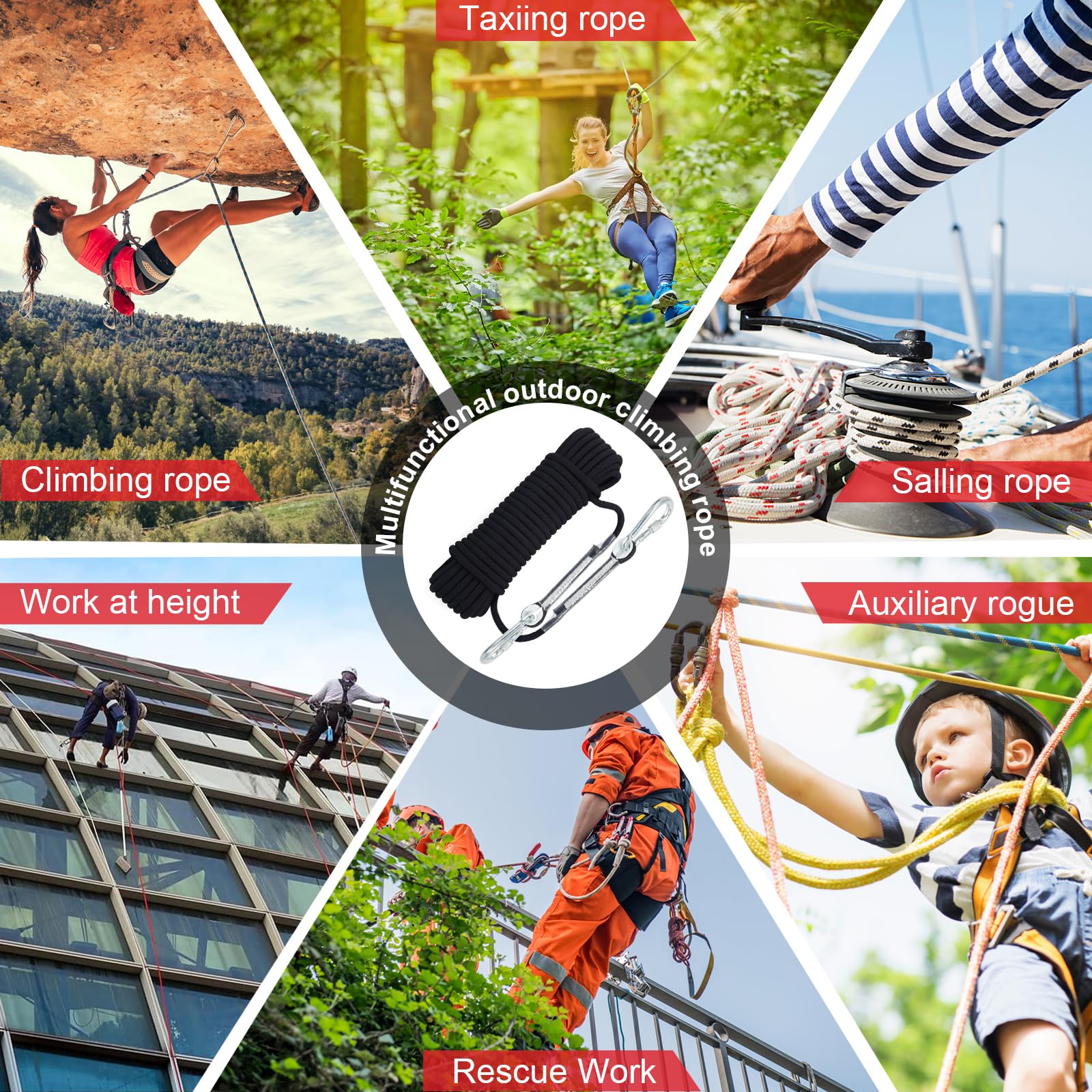 Cuerda de Escalada, Cuerda de Seguridad estática de 8 mm con Mosquetones, Cuerda de Nailon Trenzada, Cuerda de paracaídas de Rescate de Incendios, Escalar al Aire Libre, Senderismo, Camping, 10M