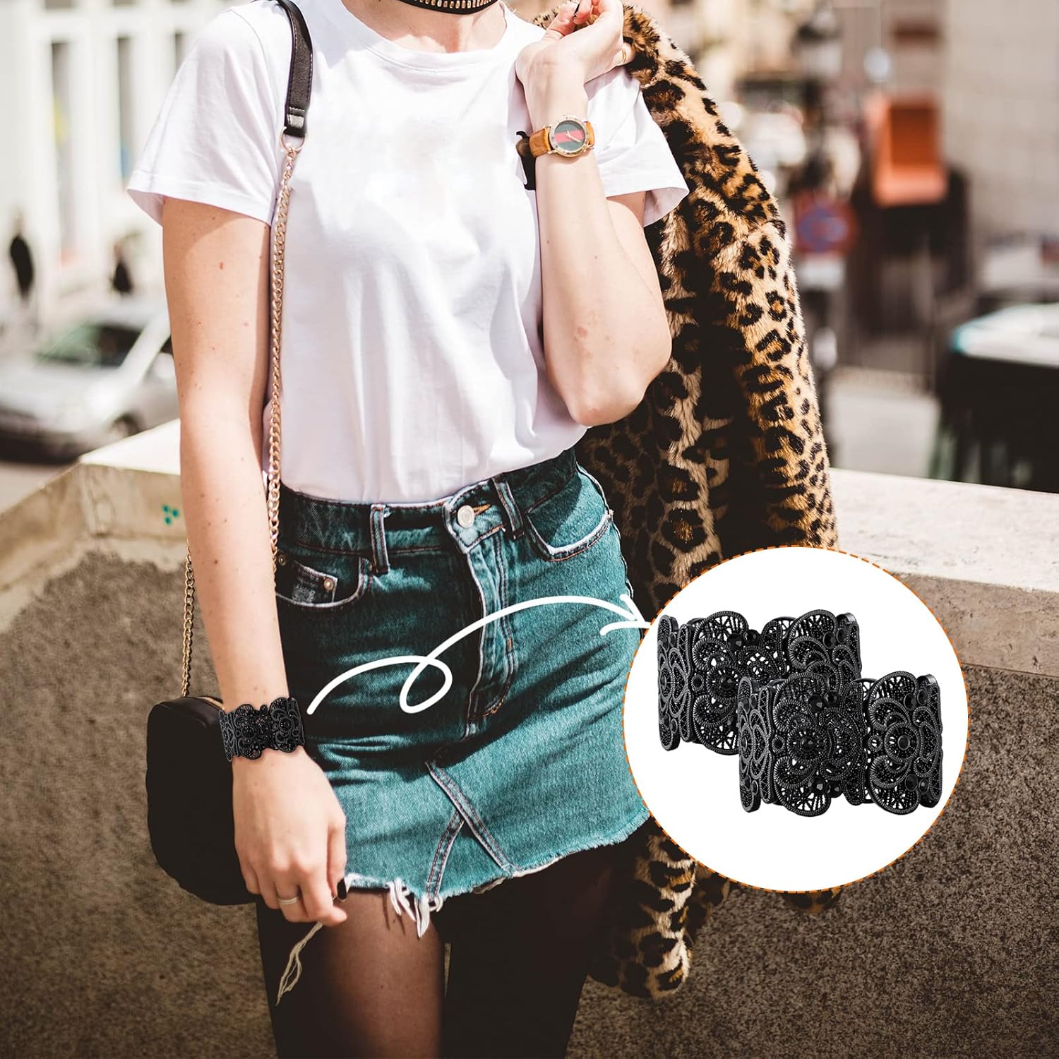 2 Pieces Black Bracelet for Women Gothic Vintage Filigree Jewelry Ladies Cuff Bracelets Bohemian Lace Bracelet Lace Cuff Bangle Wide Stretch Rhinestone Statement - Image 5