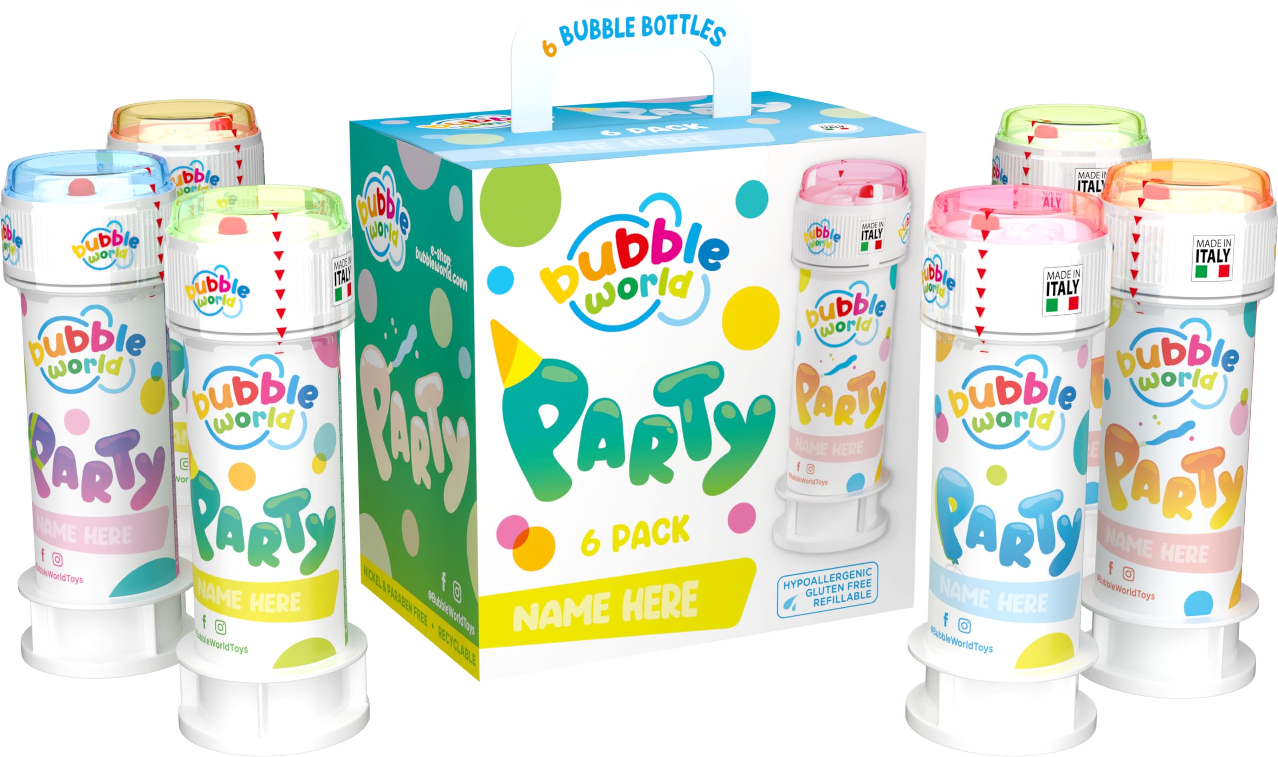 Bubble World - Party Bubbles Pack - Children's Soap Bubbles - Pack of 6 x 60 ml - White Tubes with Integrated Red Blower - Birthday Gadget - Made in Italy