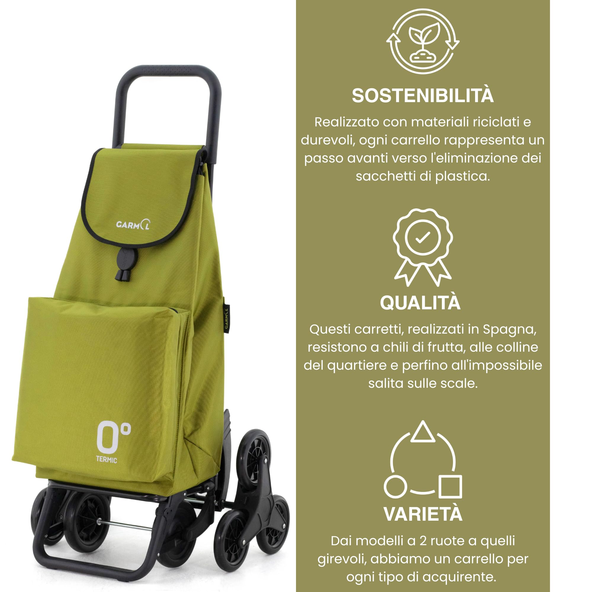 GARMOL Carrello per la spesa termico pieghevole da 55 litri | Tasca termica interna da 11 litri | Carrello della spesa 8 ruote scalate di grande capacità | Carrello pieghevole colore verde avocado