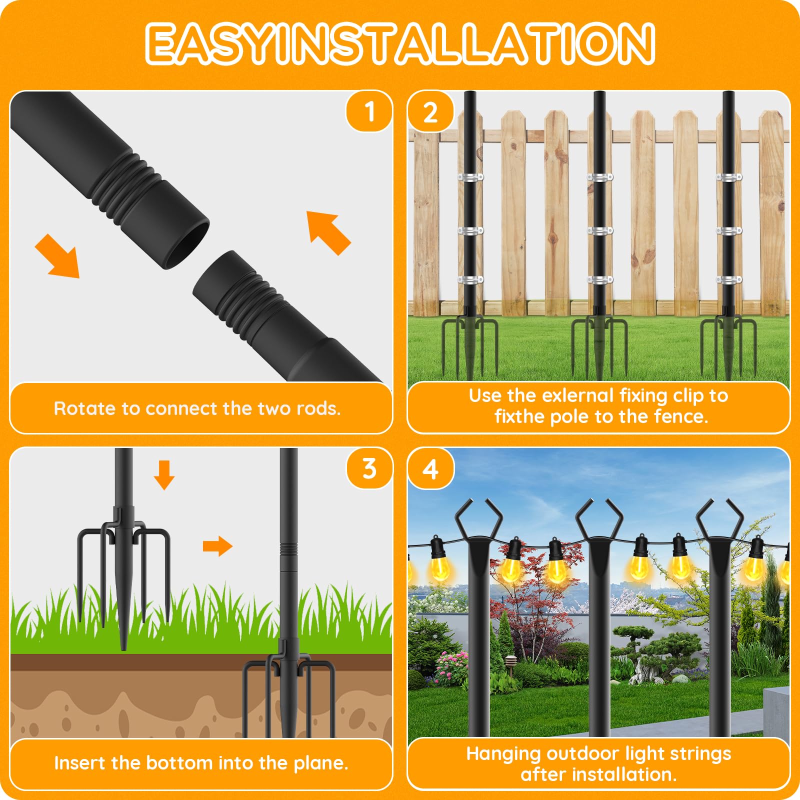 Paquete de 6 postes de luz de cadena para exteriores, poste de luz de metal bifurcado de 10 pies con soporte de luz ajustable para exteriores, terraza, patio trasero, jardín, boda, resistente al óxido 6