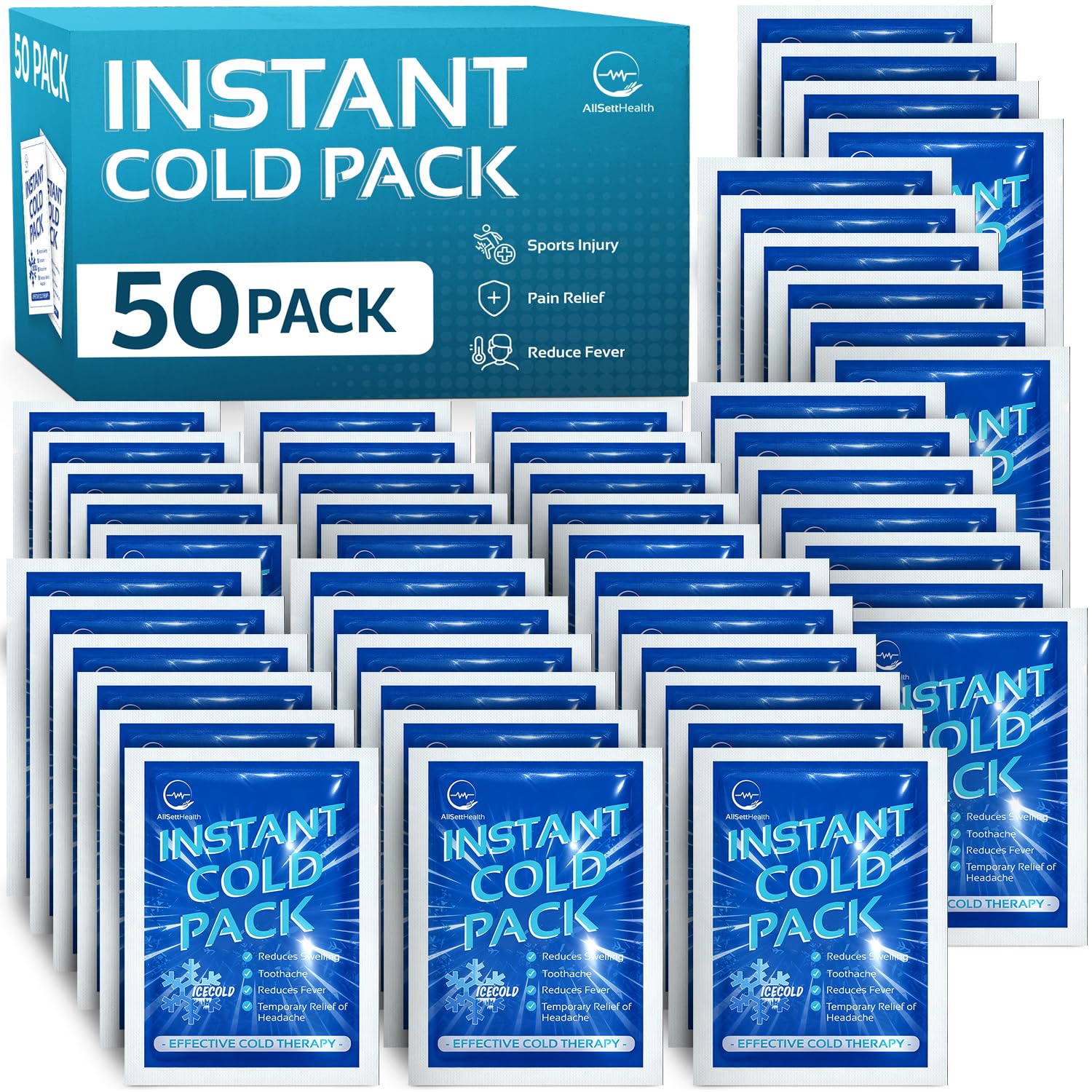 50 Pack Instant Ice Cold Pack (6” x 4.5”) - Disposable Instant Ice Packs for Injuries | Cold Compress Ice Pack for Pain Relief