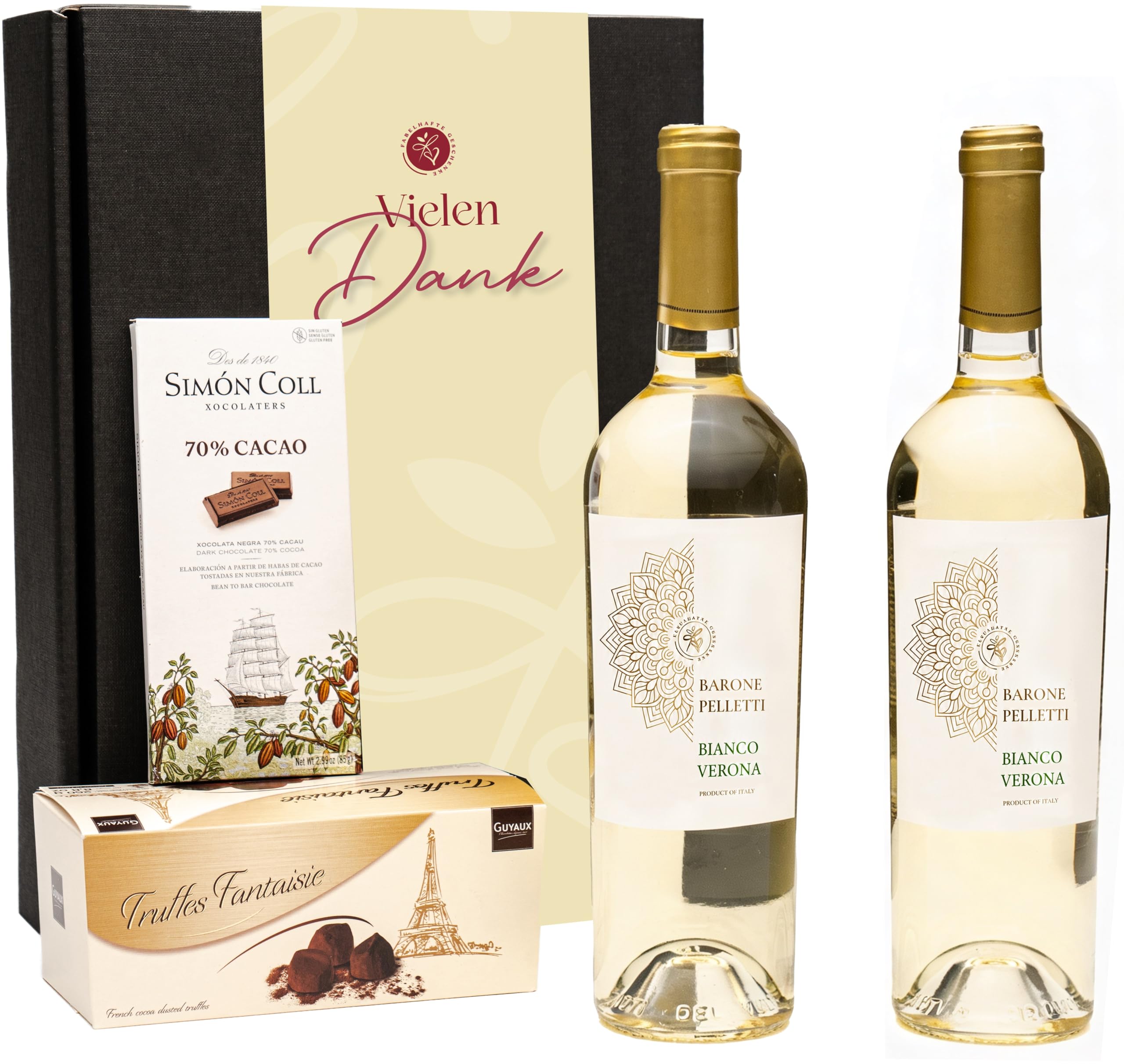 Danke Geschenkset mit 2 x Weißwein aus Italien, Schokoladentrüffeln und dunkler Schokolade | italienischer Feinkost-Präsentkorb für Männer & Frauen | "Vielen Dank" Banderole