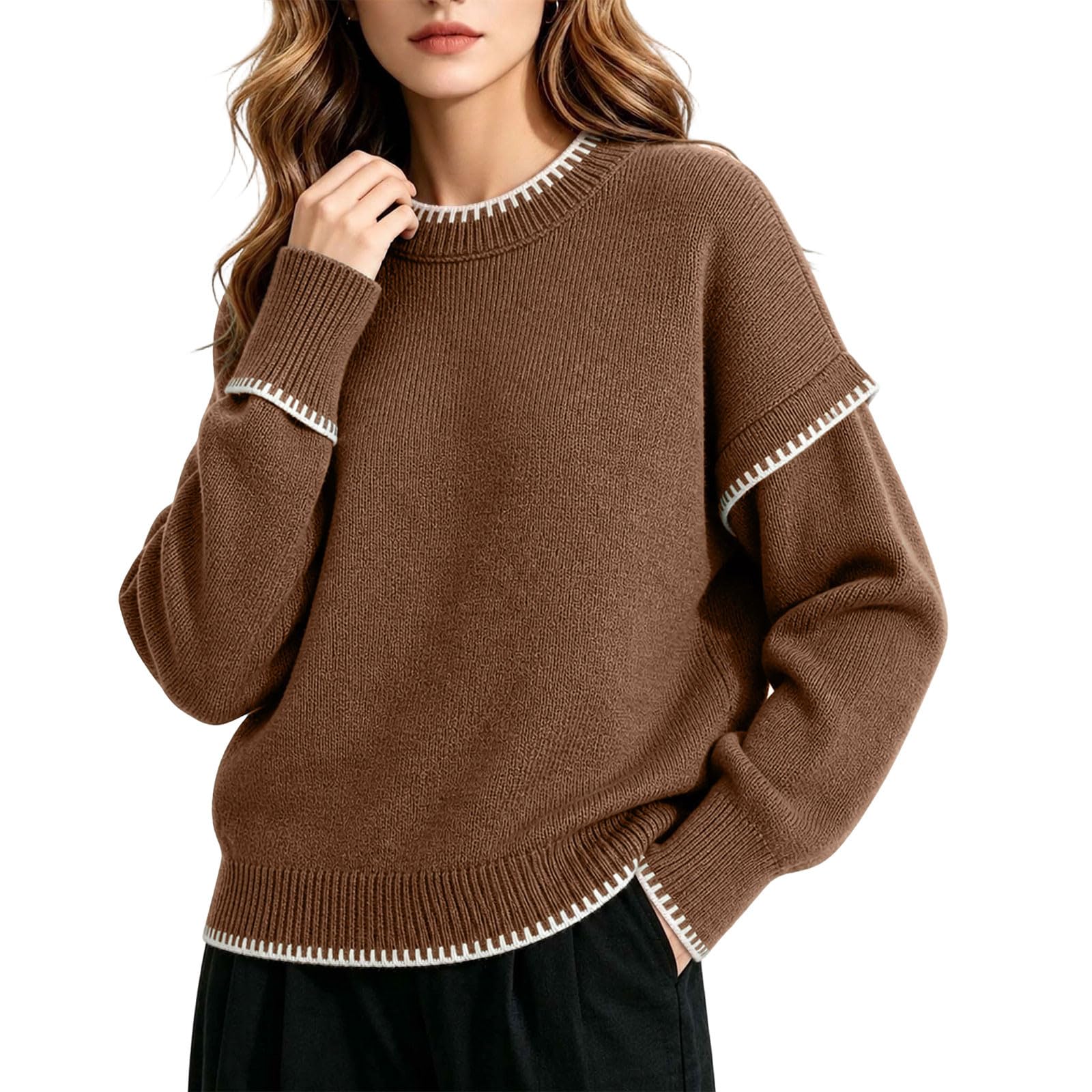 Strickpullover Damen Wolle Sweatshirt Ohne Kapuze Pullover Rundhals Langarm Sweater Farbblock Zopfmuster Strickpulli Warme Winterpullover Oversized Oberteile Elegante Langarmshirt Strick Pulli