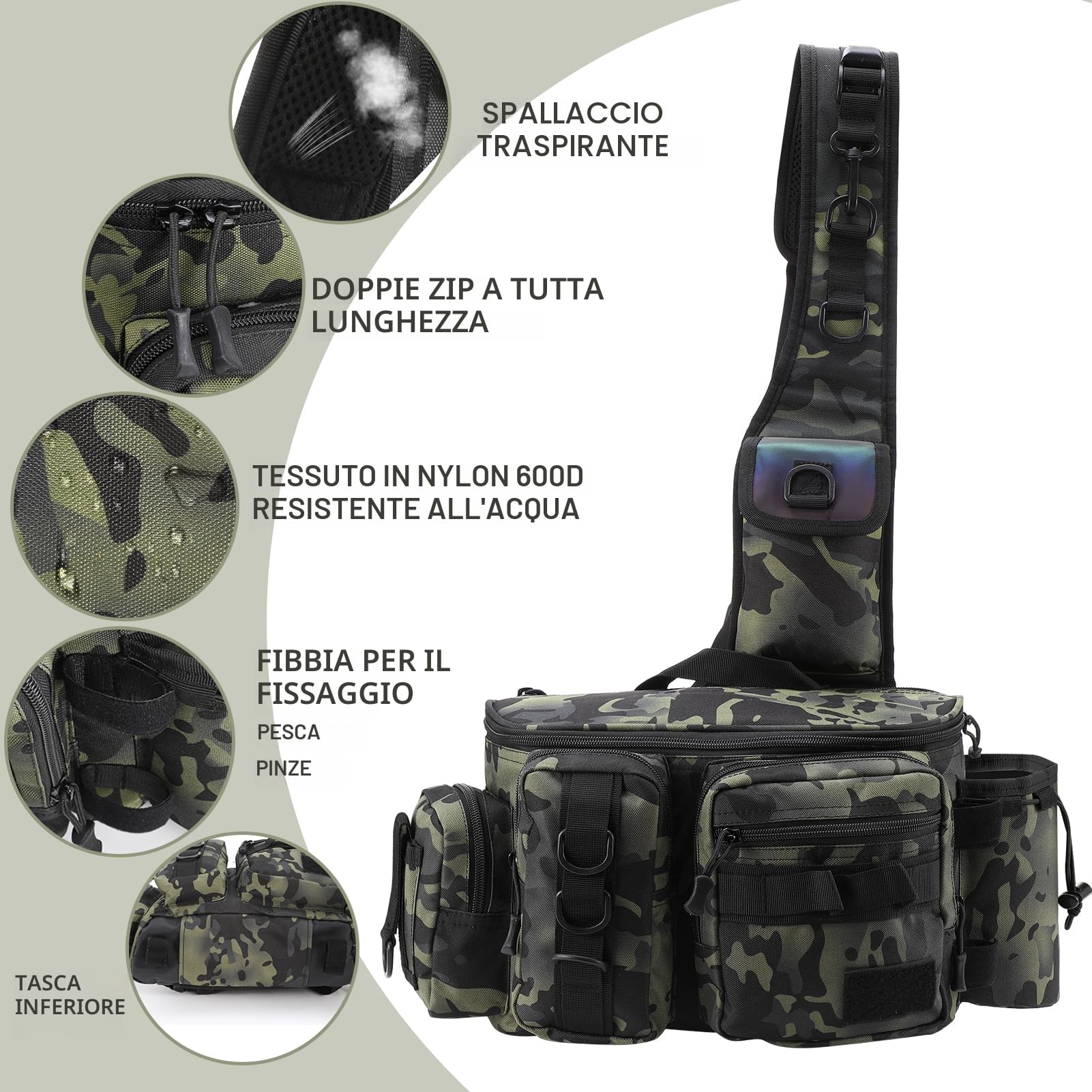 Borsa da Pesca Impermeabile Oxford Alta Capacità, Tracolla per Attrezzatura all'Aperto con Organizer per Canna e Attrezzi