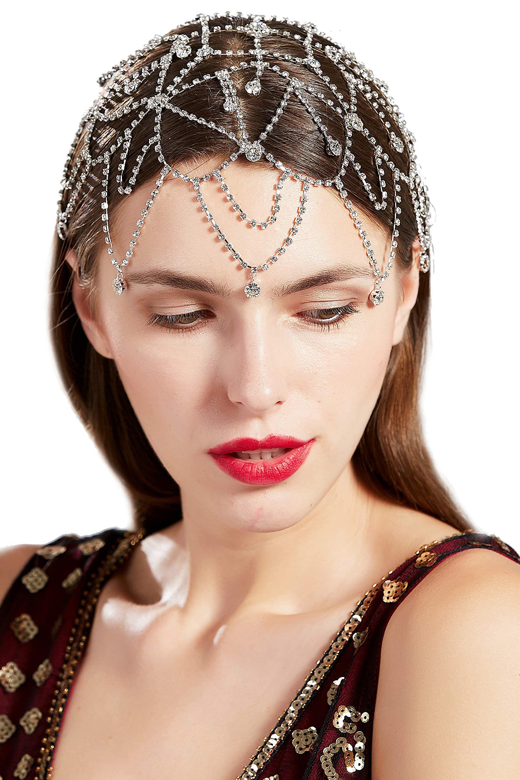 Excefore Flapper Headband Rhinestone Elastic 20s Bridal Headpiece Great Gatsby Accessory with Rhinestones Chain for 1920s Themed Wedding Costume