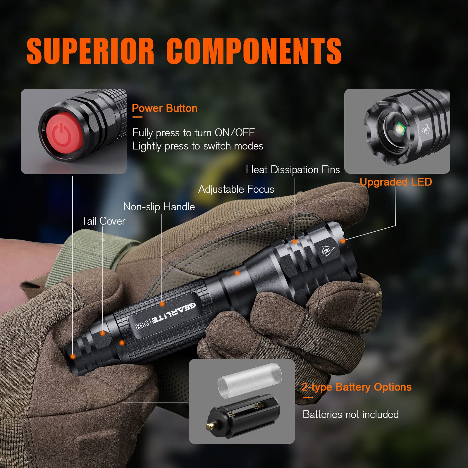 GEARLITE Linternas LED Alta Potencia Pilas, 2 Piezas Linterna Pequeña Potente de Aluminio de 4000 Lumenes con 5 Modos, Mini Linterna Impermeable IP65 con Zoom para Niños, Camping, Exteriores, Regalo