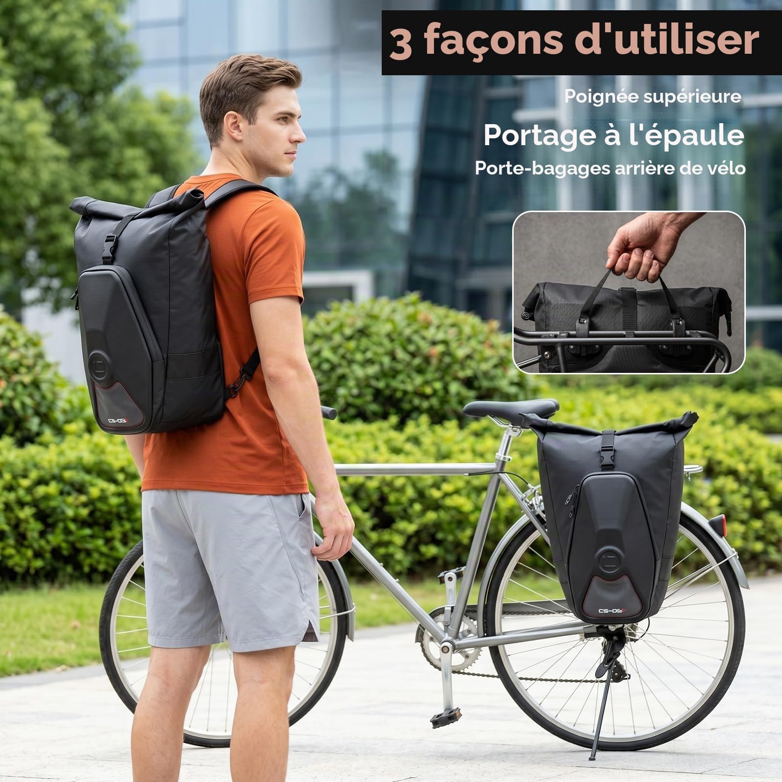 30L Sacoche Vélo Porte-Bagage Arrière, Sacoche Velo 3 en 1 Étanche, Sac Vélo Grande Capacité avec Poignée et Bandoulière, Sac à Dos Cycle Pannier pour Vélo, Route, VTT, Voyage, Trajets
