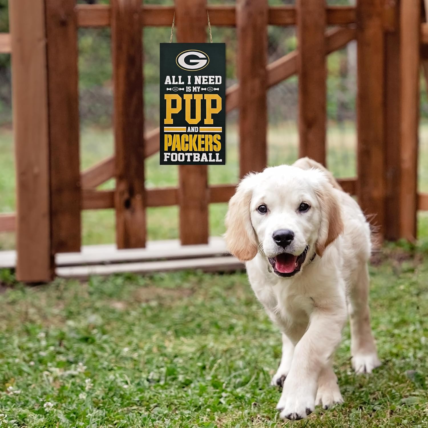 NFL Green Bay Packers Property Sign "ALL I NEED IS MY PUP AND FOOTBALL" Yard Sign. Sporty Fence Sign. NFL Football Fan Yard Decor Waterproof Wooden Wall Sign Indoor & Outdoor with Team Logo!