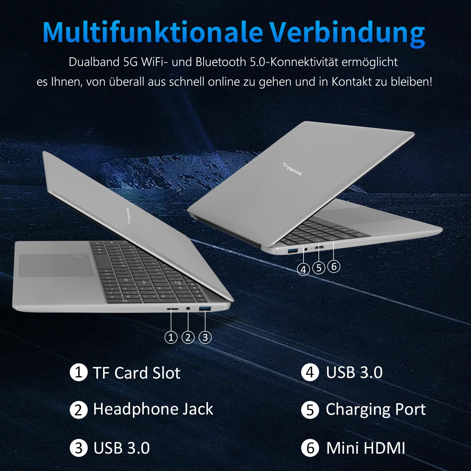 Laptop 15,6 Zoll Full HD IPS Display | Notebook mit Fingerabdruck-ID & Beleuchteter Tastatur, 8GB RAM 256GB SSD, Intel Quad-Core N5100, Schlankes Design für Business, Uni & Home Office