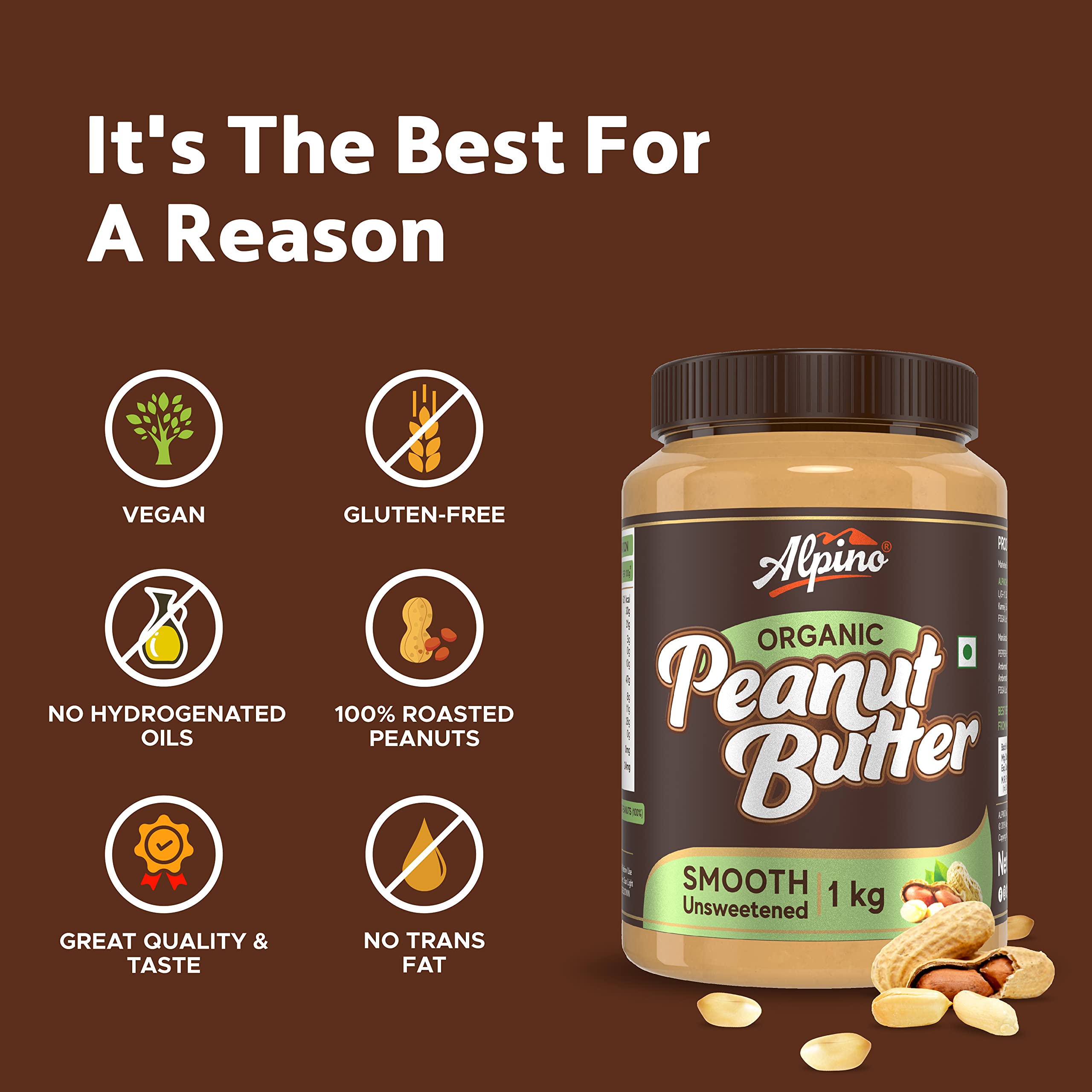 Alpino Organic Natural Peanut Butter Smooth 1 KG Unsweetened 100 Roasted Peanuts No Added