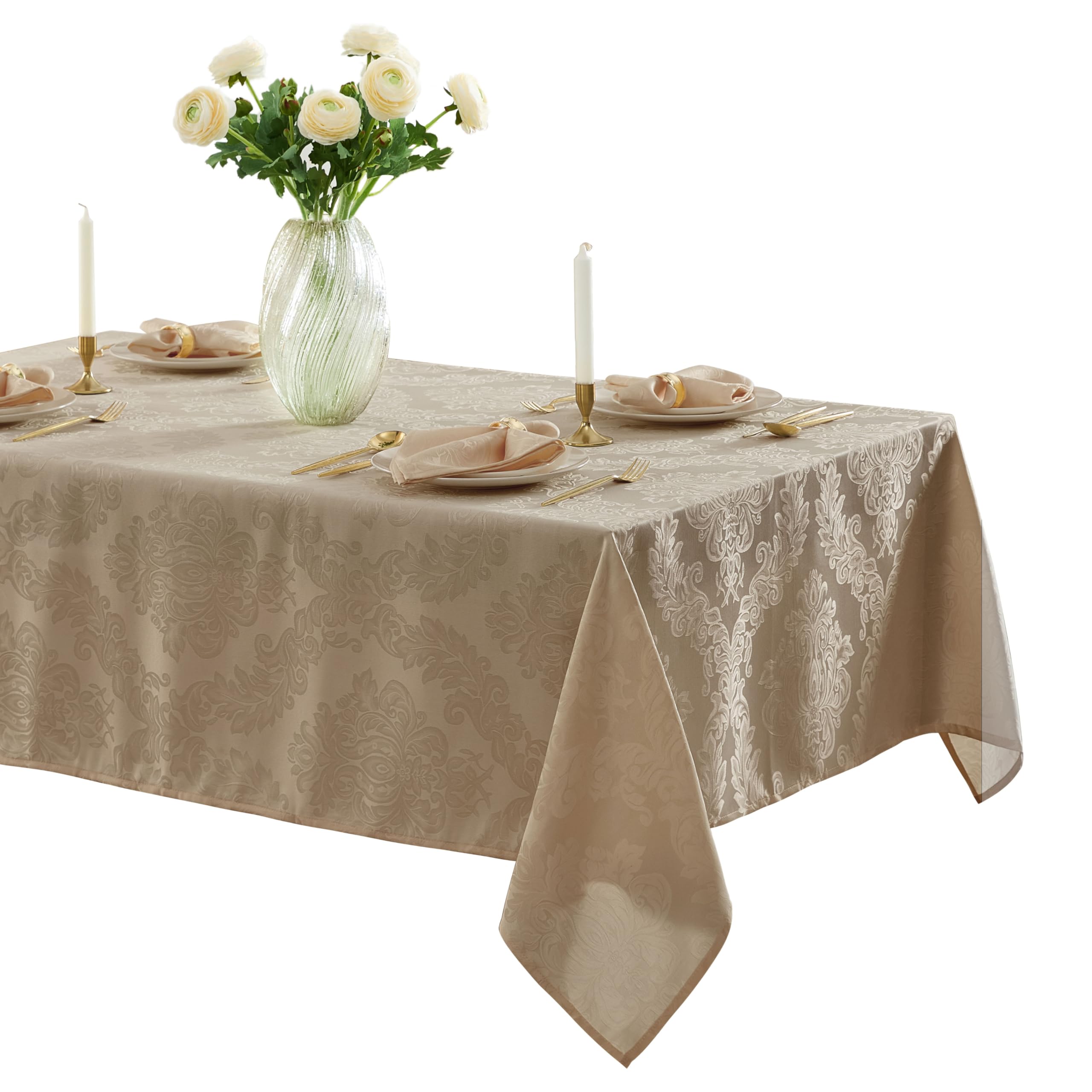 Newbridge Barcelona Luxury Damask Fabric Tablecloth, 60” Wide x 102” Rectangle, Golden Beige, 100% Polyester, No Iron, Soil Resistant Dining Room, Party and Banquet Table Cover