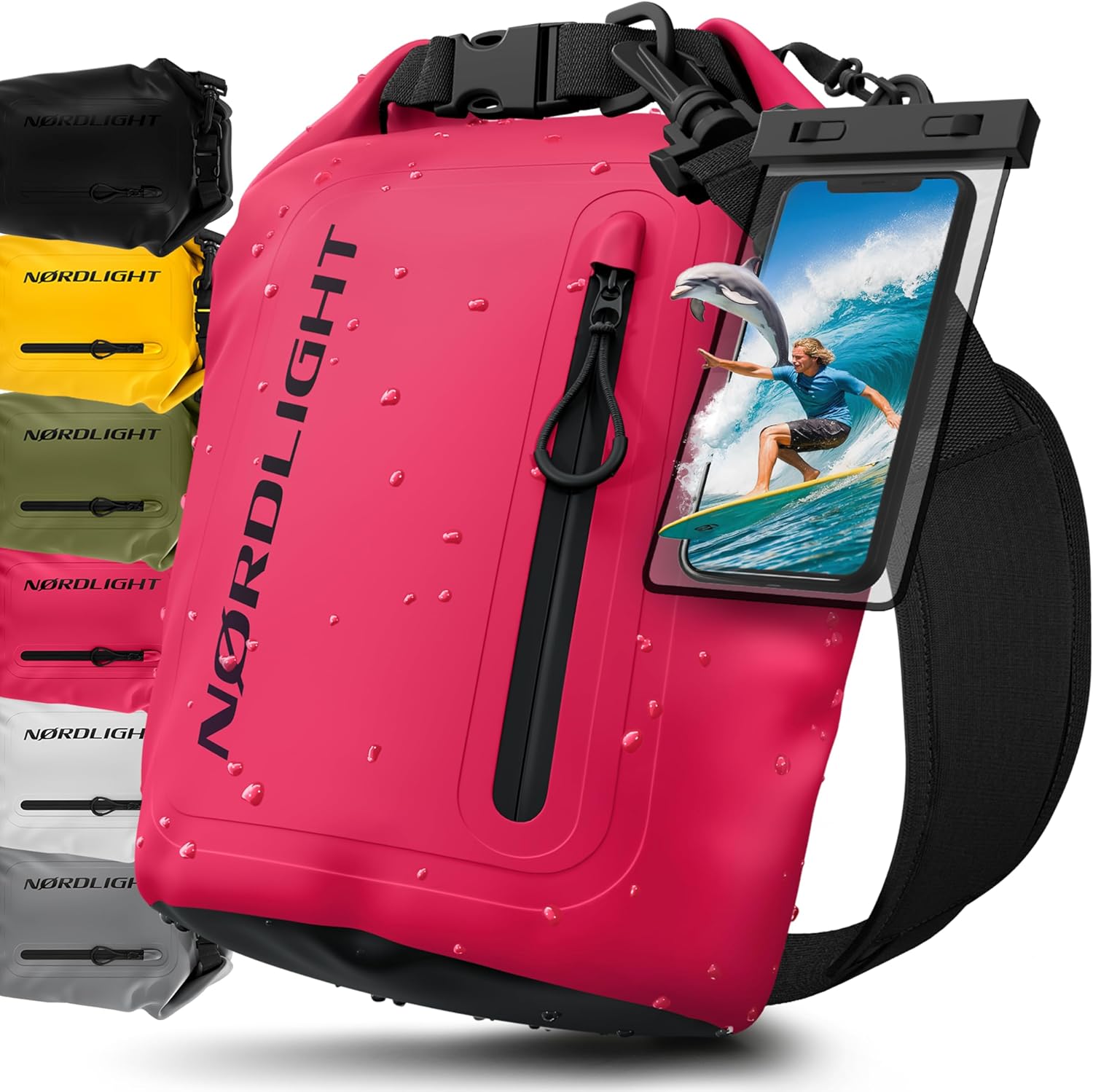 Nordlight Dry Bag Sac Étanche avec Pochette Étanche Téléphone, Fermeture Roll-Top, Bandoulière | Sac à Dos étanche Nautique, Sac Impermeable Etanche | Natation Plage Sup Bateau – Rose (Opaque), 5 L