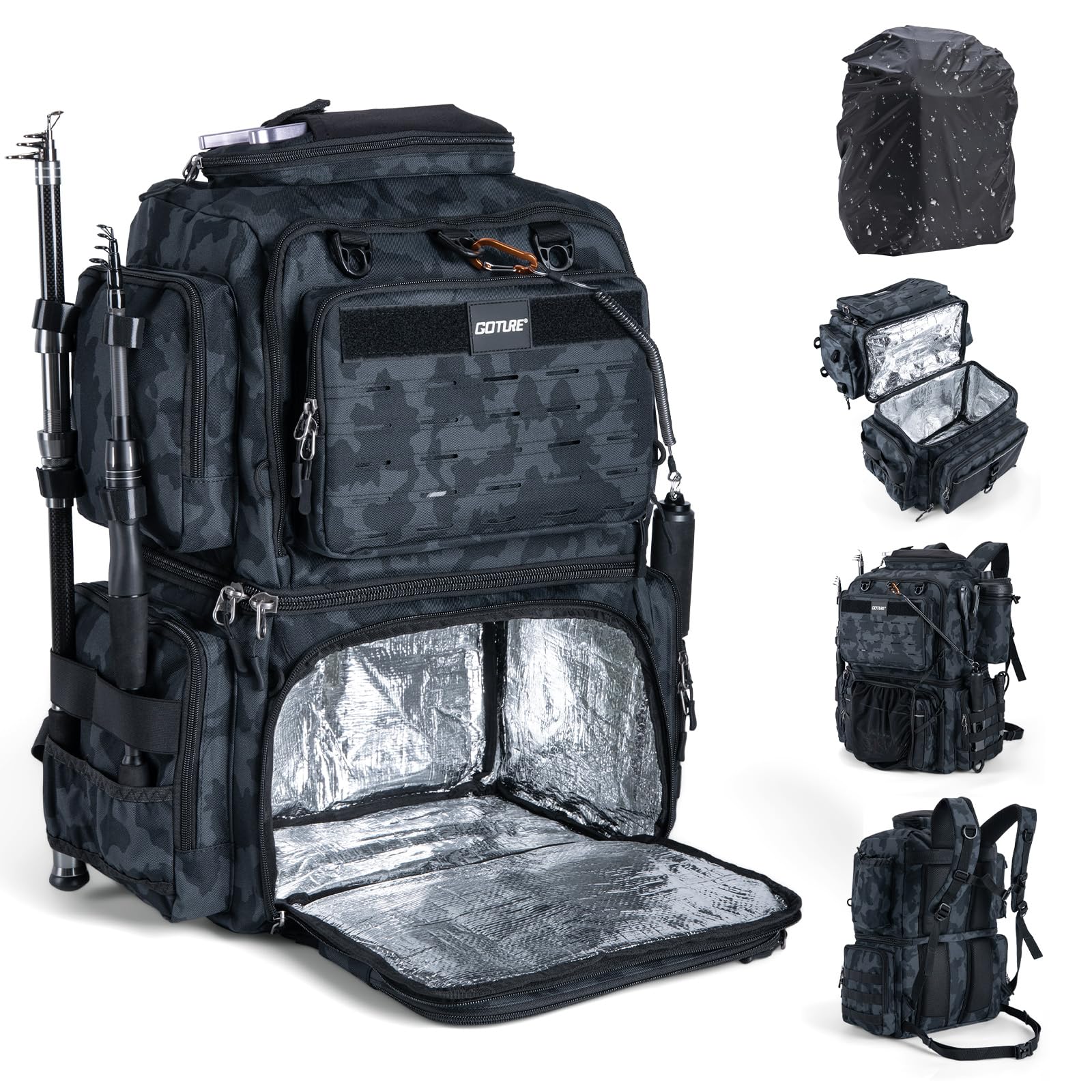 Goture 45 L Bolsa de pesca Espalda Flexible y resistente al agua, viene con dos soportes para cañas y una funda de lluvia con cuatro cajas de cebo y 8 bolsillos para cebo regalos de pesca para hombres