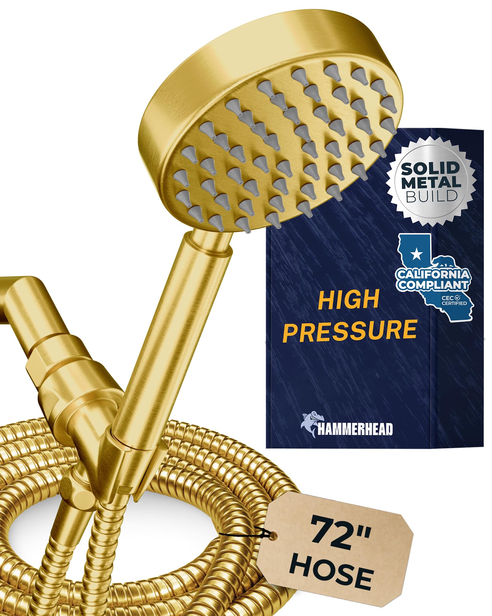 HammerHead Showers® Solid Metal LOW FLOW Handheld Shower Head with Hose and Brass Holder - BRUSHED GOLD – Water Saving 1.75 GPM Detachable Shower Head - Adjustable Shower Wand Bracket & 6ft Hose