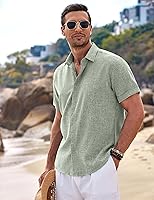 Vista 3 de COOFANDY Camisas de lino para hombre de manga corta, camisas casuales con botones para hombre, camisa de playa de verano, camisa para boda