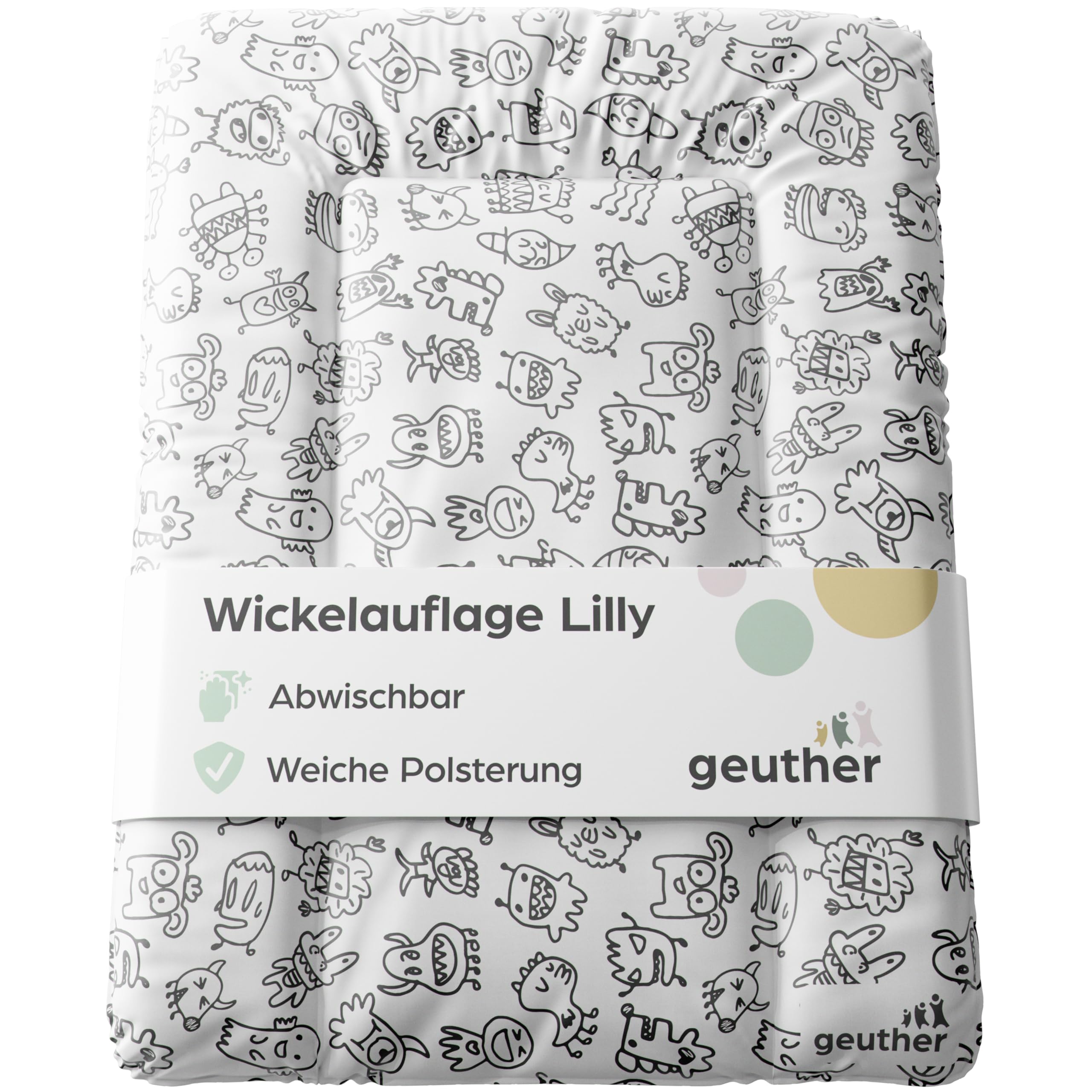 Geuther Wickelauflage abwaschbar 52 x 72cm | Wickelunterlage Lilly für Wickelregal Clarissa & andere | Erhöhter Rand & Kopfschutz für hohe Sicherheit | Wickeltischauflage | Design Monster