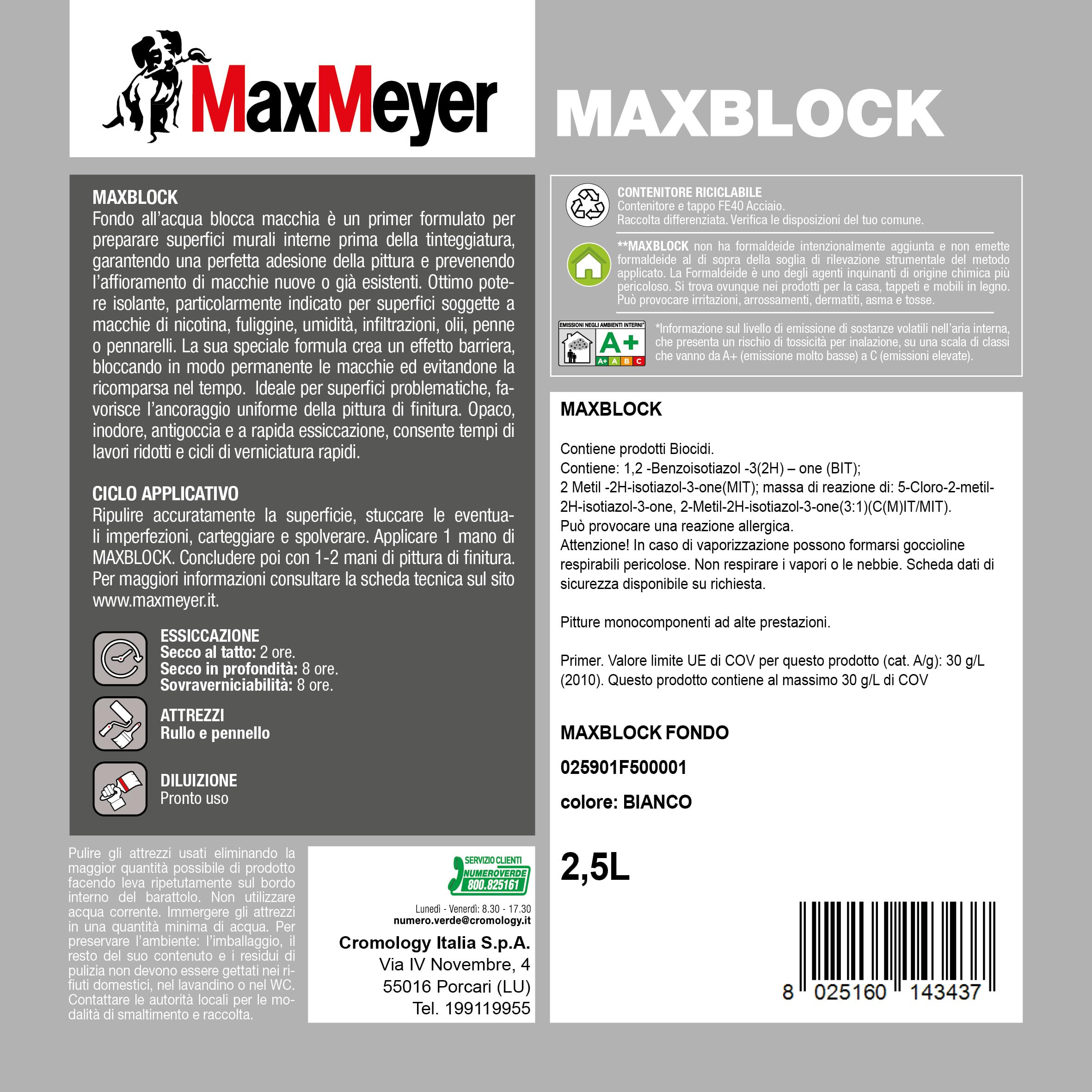 MAXMEYER MAXBLOCK Fondo Isolante per interni, Barriera Contro le Macchie, Sovraverniciabile, A+ Senza Formaldeide, Bianco, 2,5 Litri