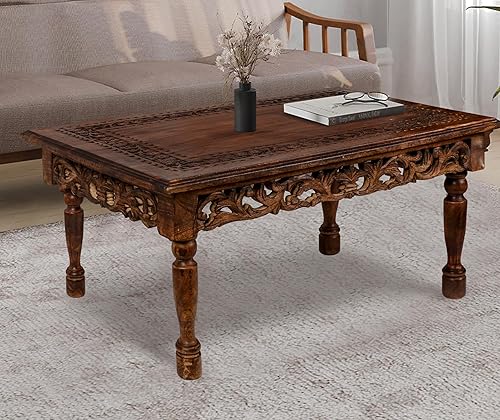 Miniatura 8 de Mesa de café rectangular de madera con talla Jali, mesa de café estilo granja, mesa rústica central, estilo de mediados de siglo, muebles rústicos y