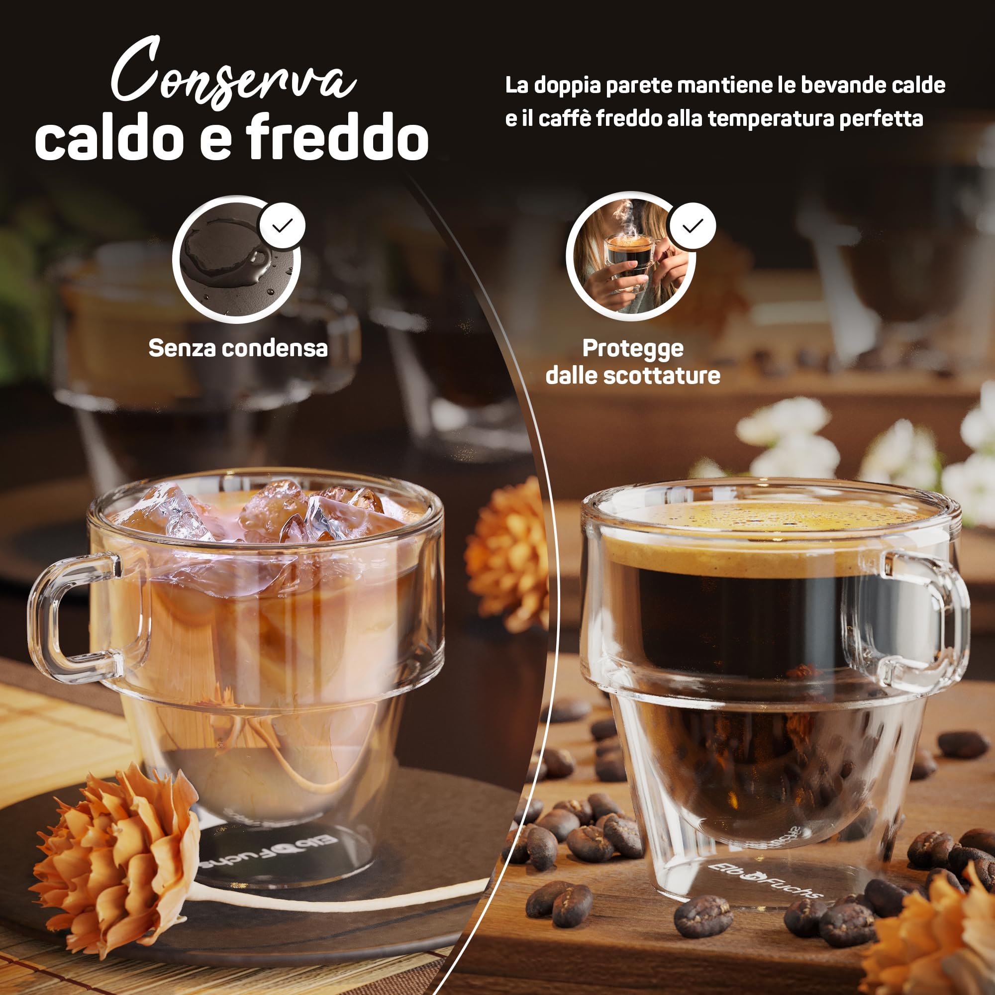 ElbFuchs® Set di tazze da espresso [4 x 150 ml] impilabili | Bicchieri da caffè espresso a doppia parete con manico | Bicchieri termici a doppia parete | ideali come bicchieri da caffè espresso
