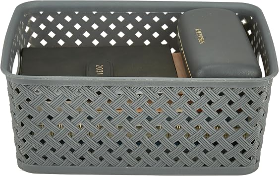 Simplify Small Resin Wicker Tote | Storage Bin | Plastic Organizer | Carrying Handles | Bathroom | Pantry | Accessories | Cleaning Products | Grey