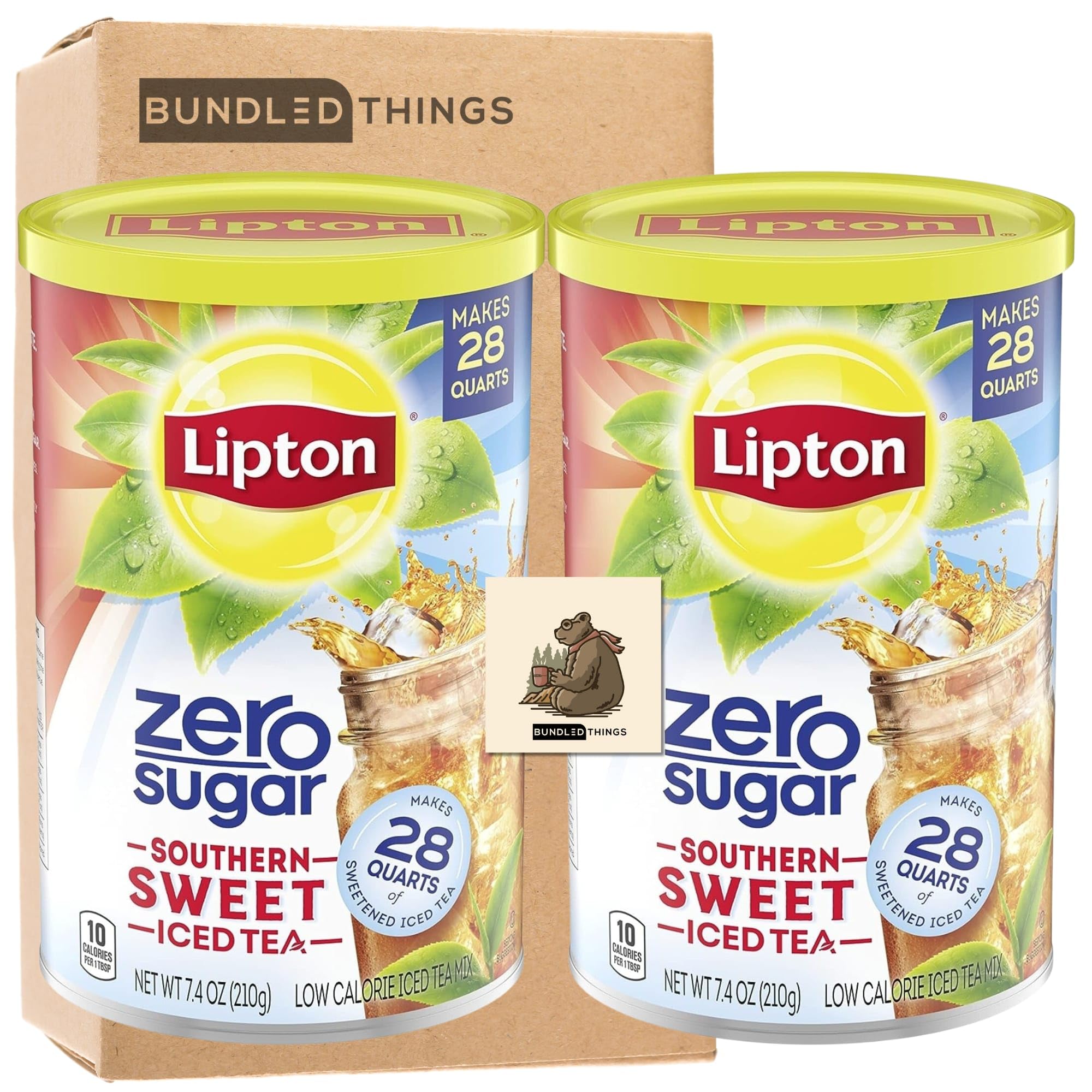 Zero Sugar Bundle with Southern Sweet Tea - Pack of Two 7.4oz Containers - Each Container Makes 28 Quarts of Tea - 56 Total Quarts - Paired with a Bundled Things Bear Magnet