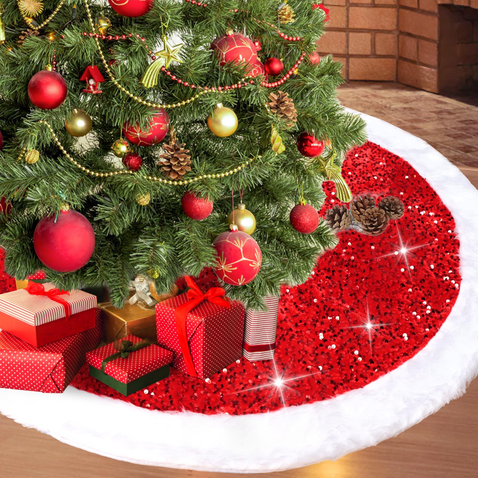 Amazon.com: 36 Inch Red Christmas Tree Skirt Sparkly Sequins & Plush Faux  Fur Edge Tree Cover for Classic Xmas Decorations, Glitter Round Skirt Tree  Base Mat for Xmas Home Parties Decor :