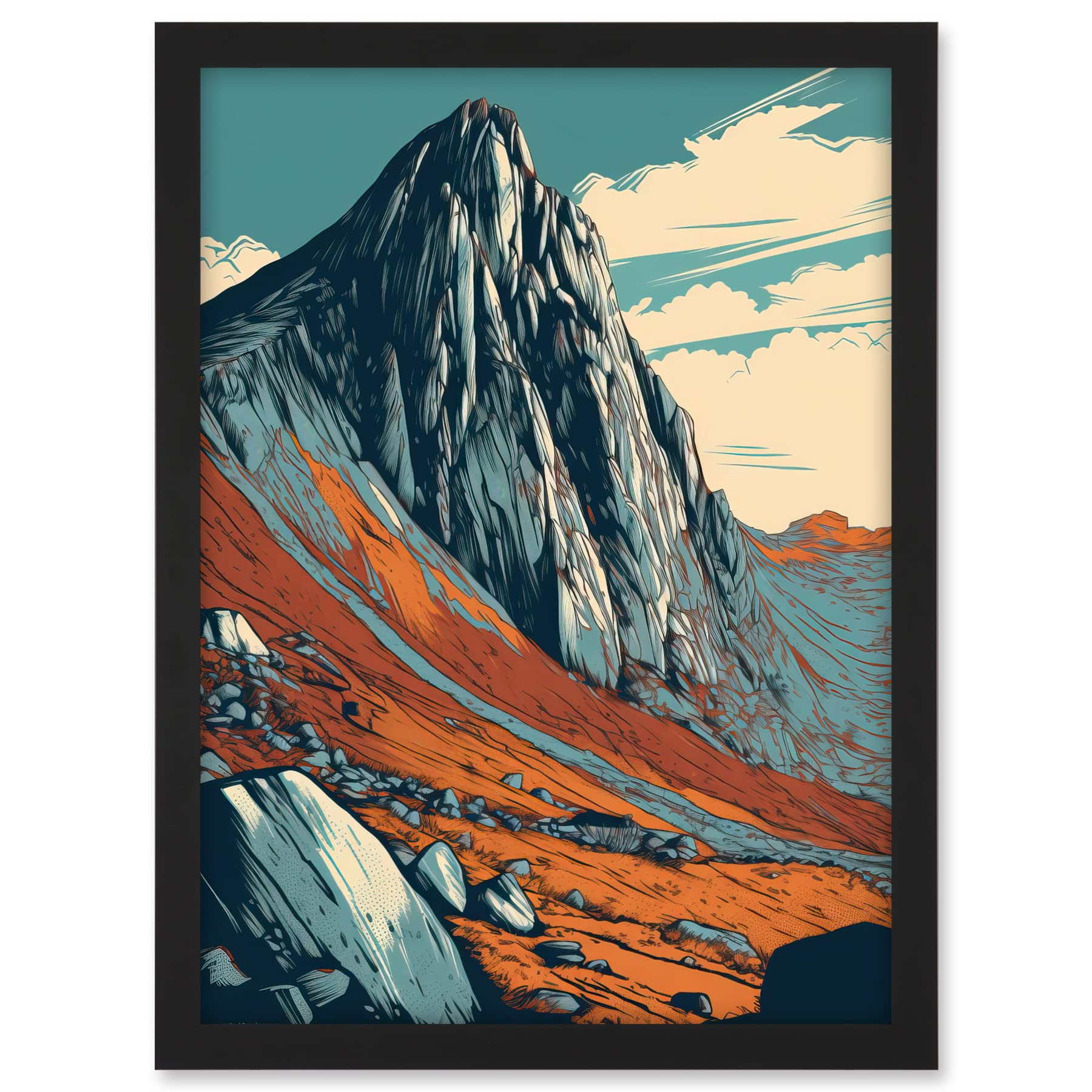 Artery8 Tryfan Mountain Peak Landscape Teal Brown Linocut Artwork Framed A3 Wall Art Print