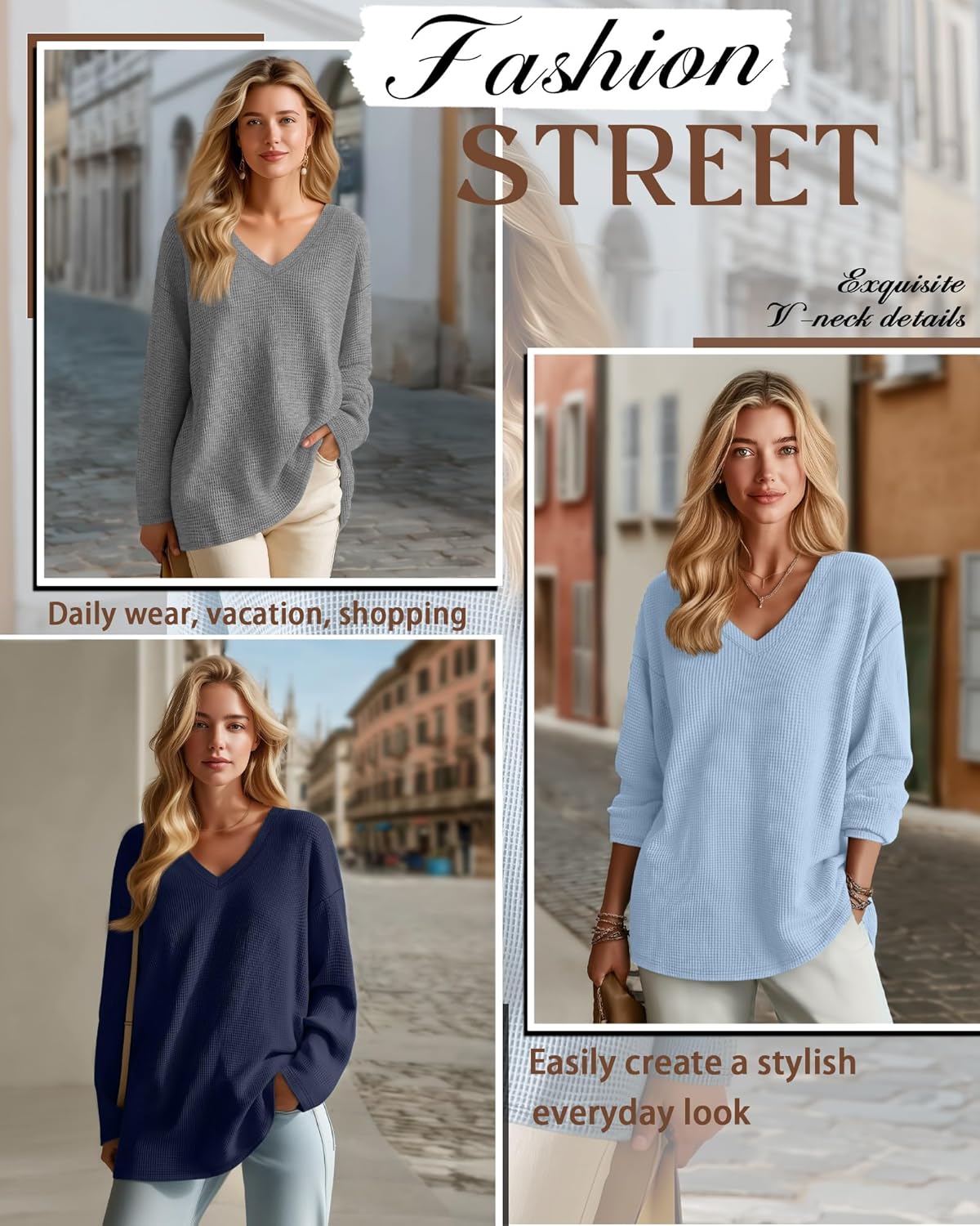 3 Pack Women's Oversized Waffle Knit Shirts, V Neck Long Sleeve Top Fall Casual Sweatshirt for Women