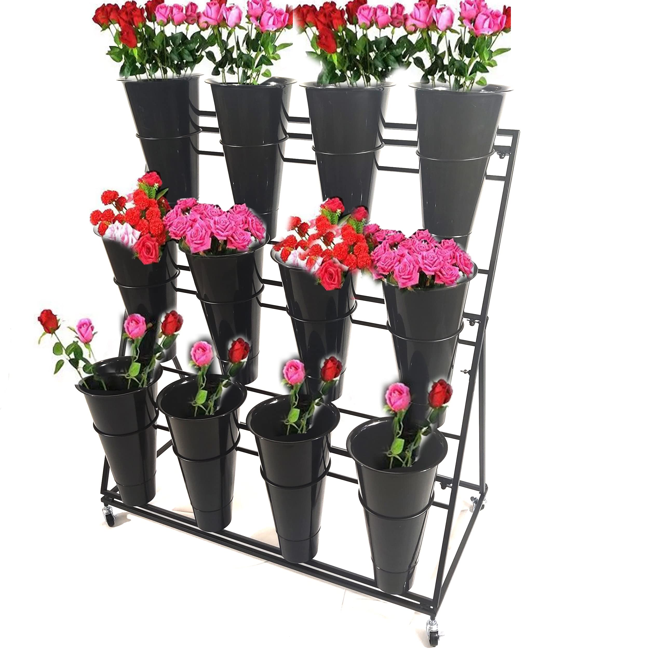 Flower Display Stand With 12 Buckets, Metal Plant Stand Mobile Flower Shelf With Wheels ,3 Layer Floral Rack Holder For Florist Garden