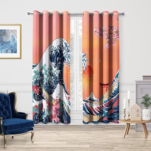 Miniatura 2 de Jekeno Cortinas opacas de gran onda, decoración japonesa de barco oceánico Kanagawa, flor de cerezo, puesta de sol, puerta, con ojales, para