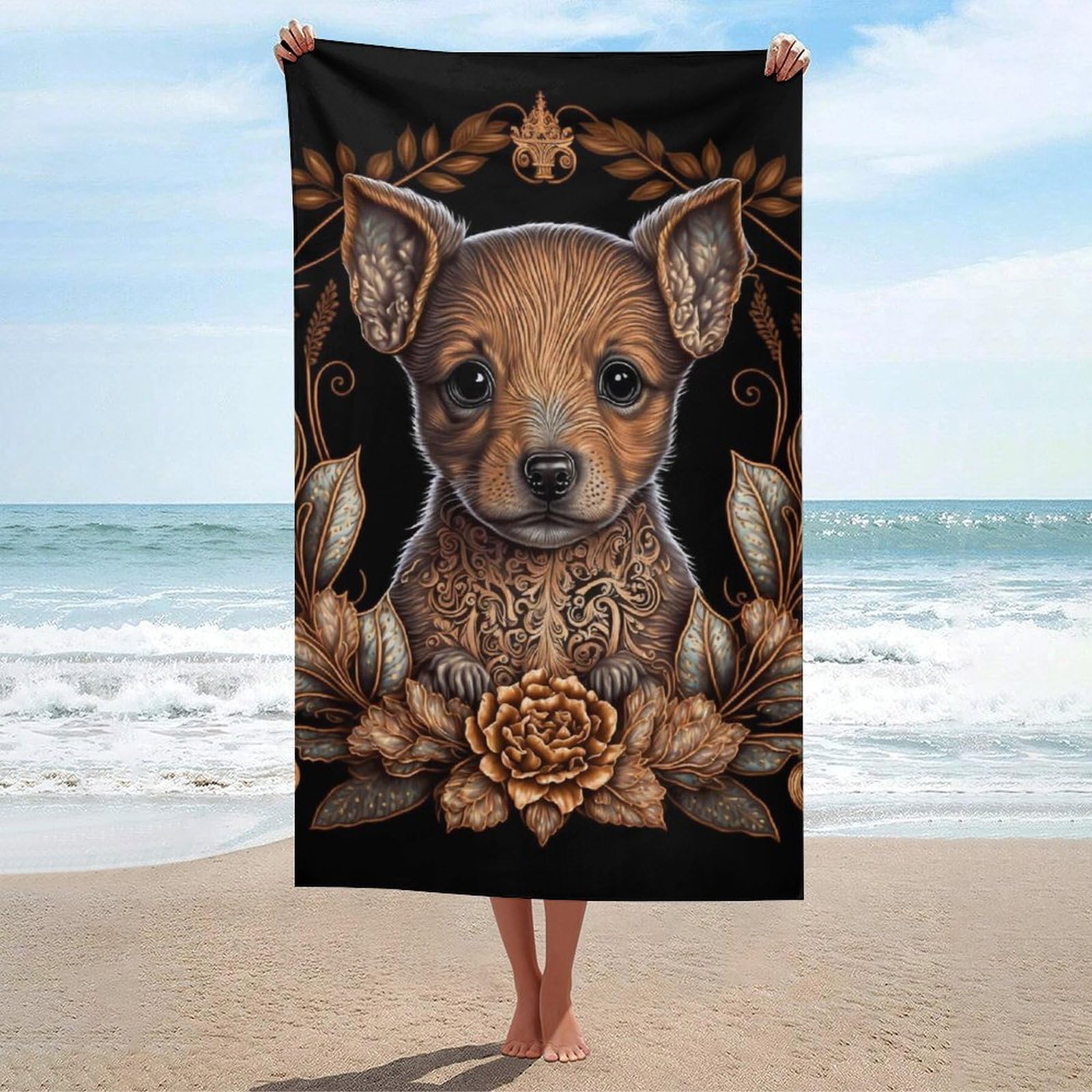 Serviette de plage Chihuahua dorée séchage rapide 130x80cm