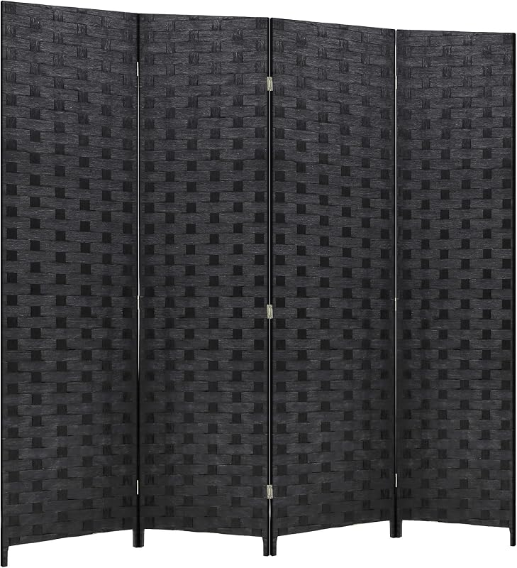 FDW Divisor de habitación, pantalla de madera, 4 paneles, pantallas divisorias portátiles plegables, diseño tejido de malla de madera, divisor de pantalla para habitación para oficina en casa (negro carbón)