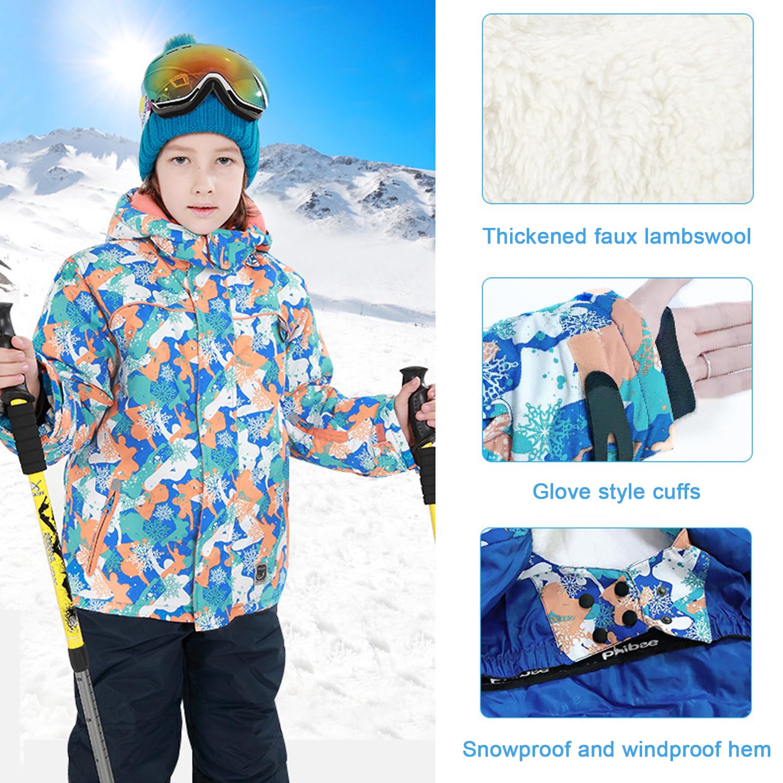 Traje de Esquí para Niño Niña Conjunto de Nieve 2 Piezas Chaqueta con Capucha + Pantalones Traje de Nieve Impermeable para Invierno