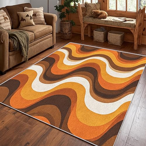 Miniatura 2 de Vintage 70s Rugs for Living Room 4x6, Retro Brown Orange Bedroom Carpet, Boho Abstract Wavy Pattern Design Area Rug, Washable Non Slip Soft Area