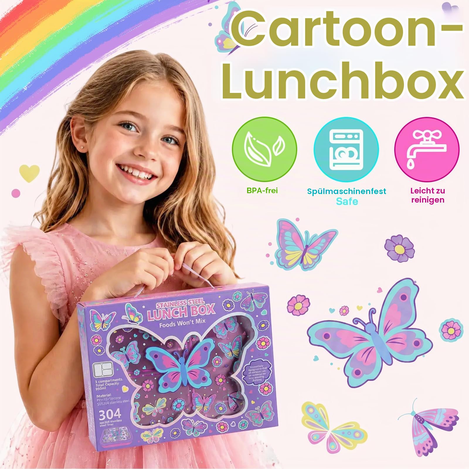 PinkSheep Edelstahl Brotdose Kinder mit 3 Fächern und Dichtring 950ml Lunchbox Personalisiert, BPA-freie, Auslaufsicher, Bento Box für Picknick Schulschüler Mittagessen Snack (Schmetterling)