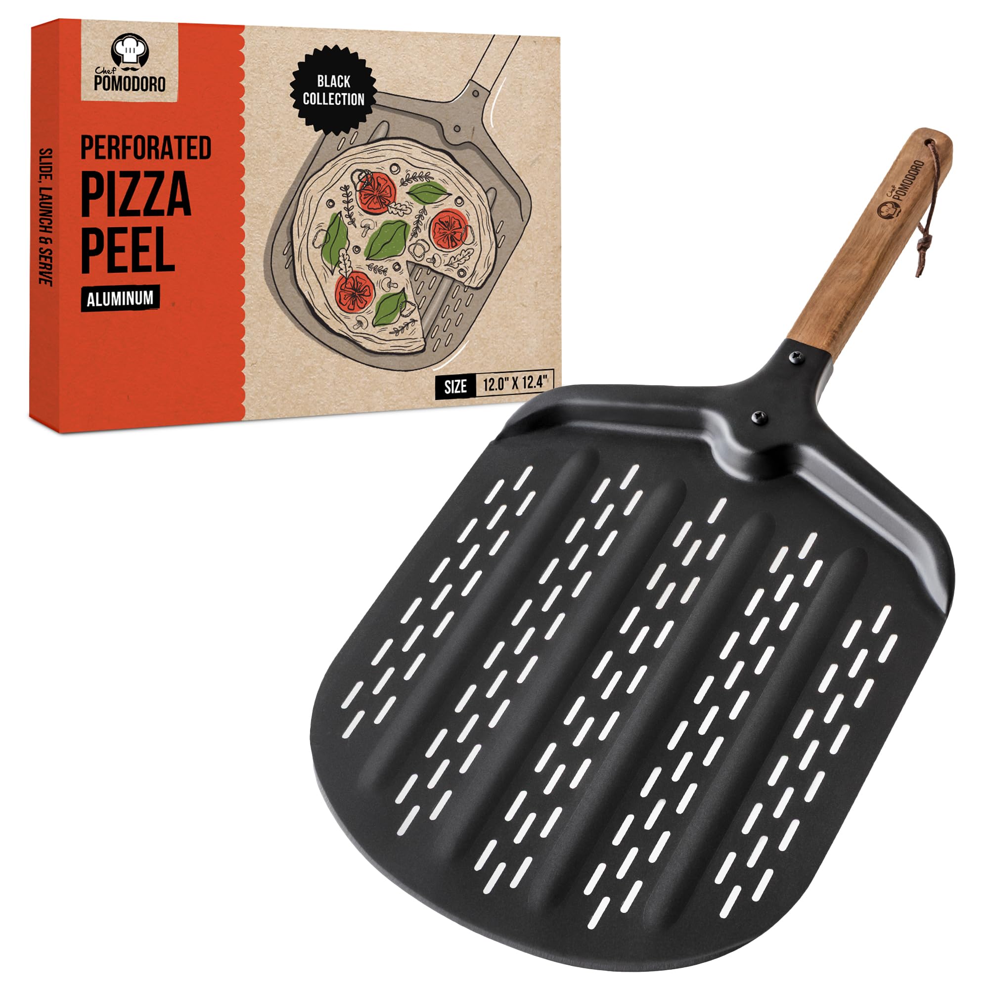 Chef Pomodoro Perforated Non-Stick Pizza Peel, 12 Inch, Wood Handle