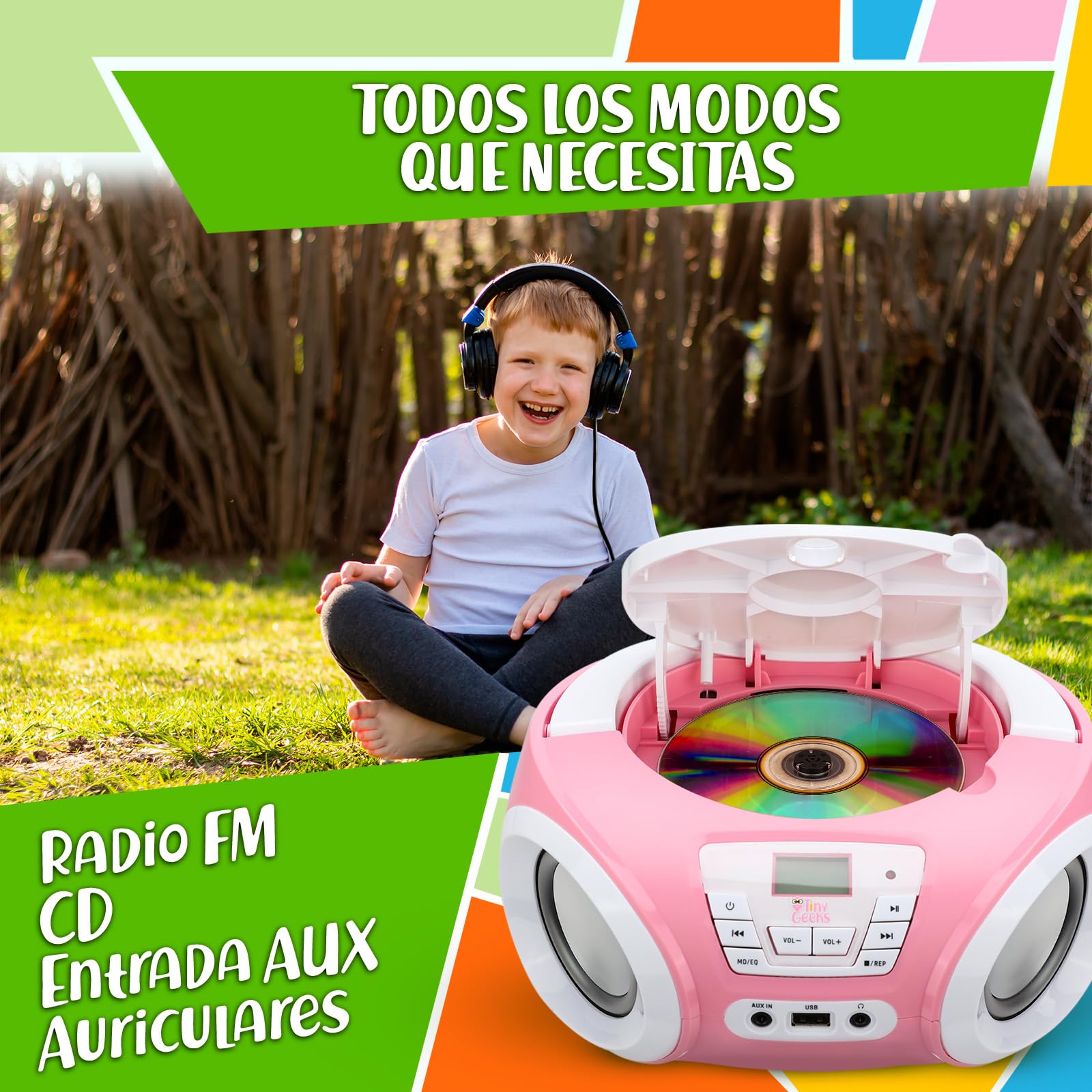 Tinygeeks Tunes Reproductor de CD para niños - Nuevo - Radio FM y baterías Incluidas - Radio CD con Altavoces, USB, AUX - El Regalo Ideal para niños y niñas - Rosa