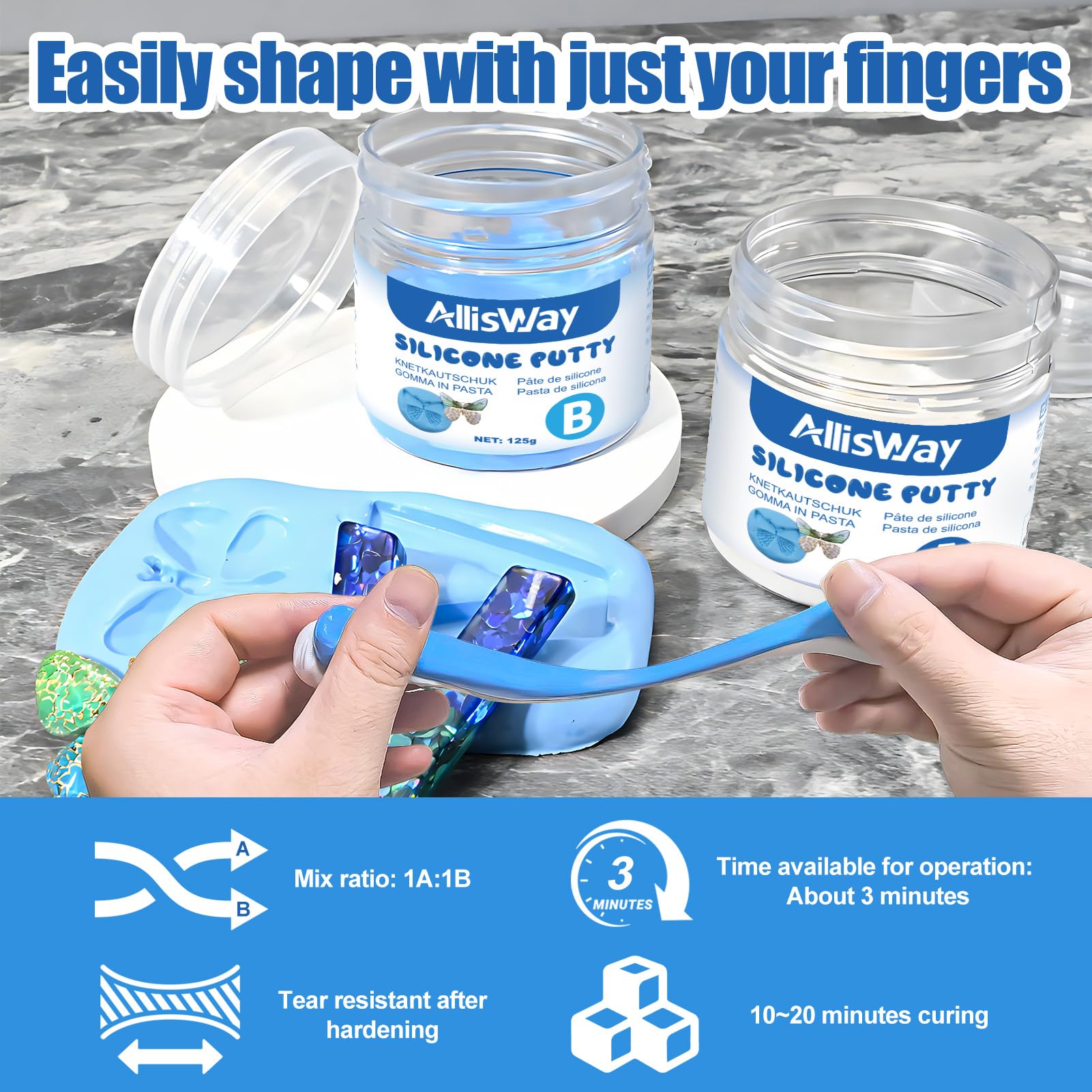 Gomma Siliconica per Stampi in Pasta, Silicone per Stampi da Colata, Silicone Putty, Elevata Precisione dei Dettagli, Adatto per Progetti DIY, Creazione di Gioielli, Modellismo, 250 g (A+B)
