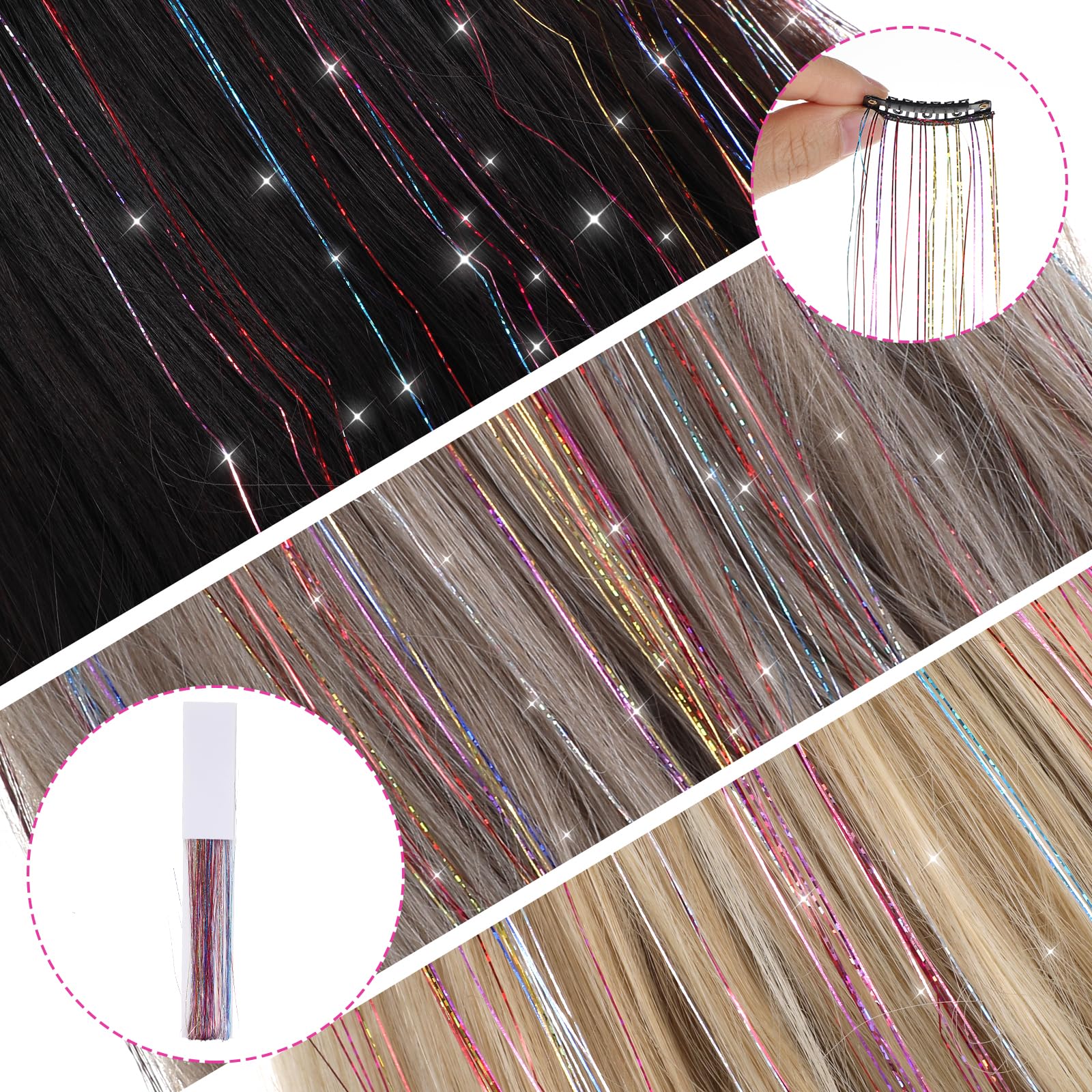 Hair Tinsel 12Pcs Tinsel Hair Extensions 20 Inch Clip in Glitter Hair Extensions Colorful Hair Tinsel Glitter Strands Tinsel Kit Hair Accessories for Women Girls Cosplay Halloween Party Festival - Image 4