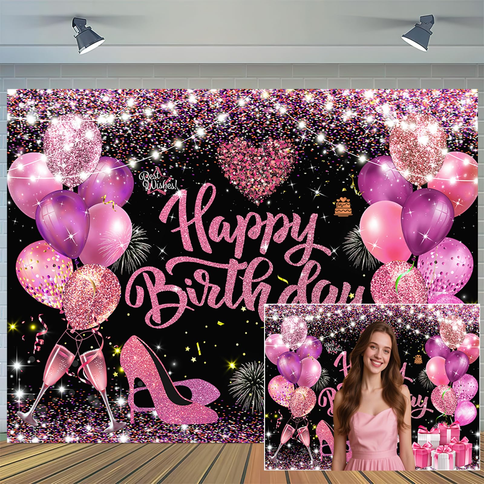 Happy Birthday Banner Backdrop, Pink Birthday Decorations Large Banner Party for Women Girls Decorations Supplies, Gold Black Sign Poster Background