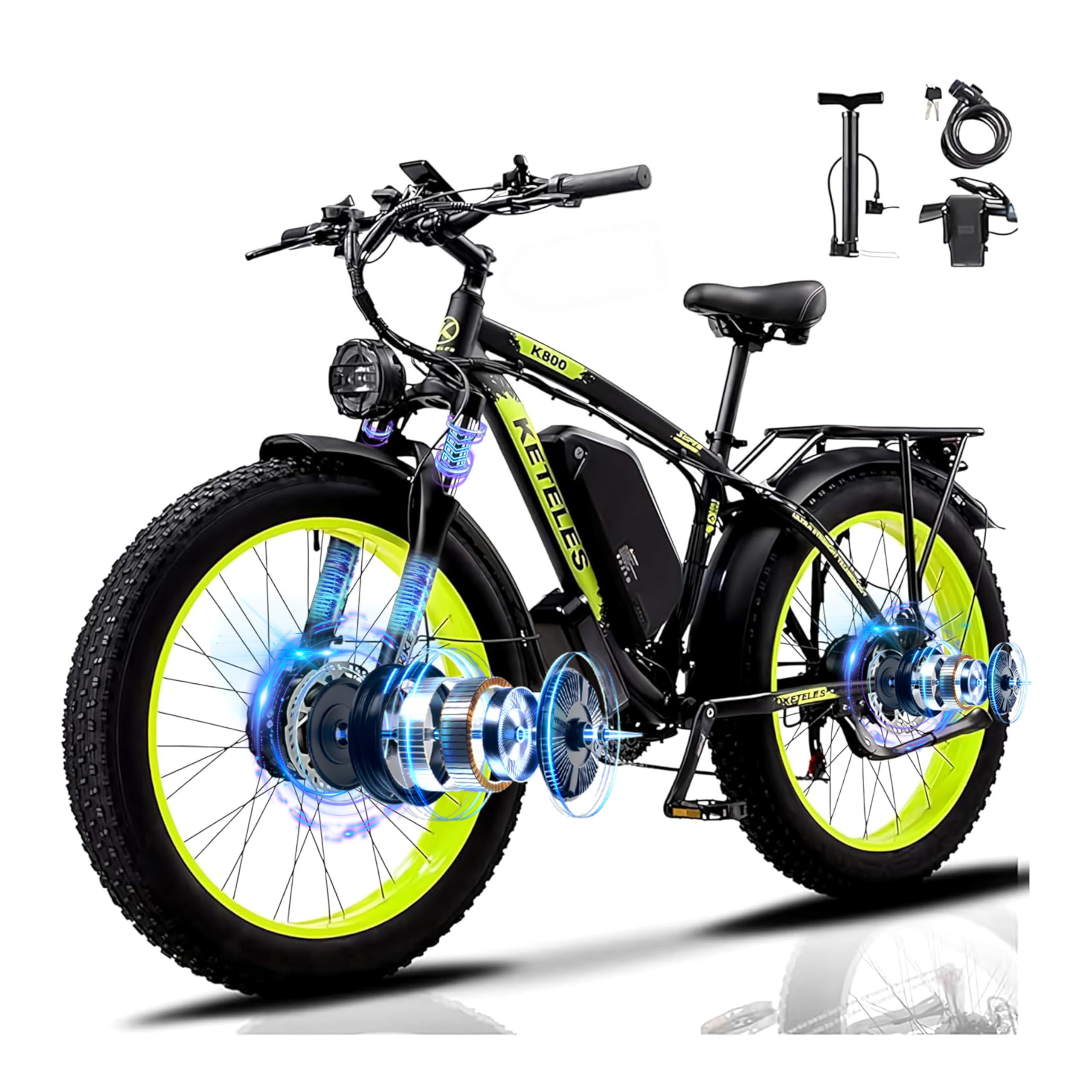 KETELES Electric Bike for Adults, AWD Ebike Dual Motor, 26'' Fat Tire Peak 4000W Ebikes with 48V 23AH Battery Hydraulic Brake ​​Electric Bicycle, 21 Speed Dirt Bikes UL Certified
