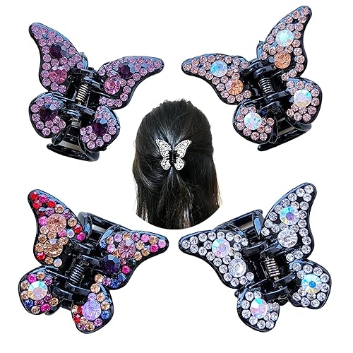 Yusier 4 pinzas de mariposa con diamantes de imitación, elegantes accesorios para el cabello para mujeres, pinzas de mariposa negra, pinzas
