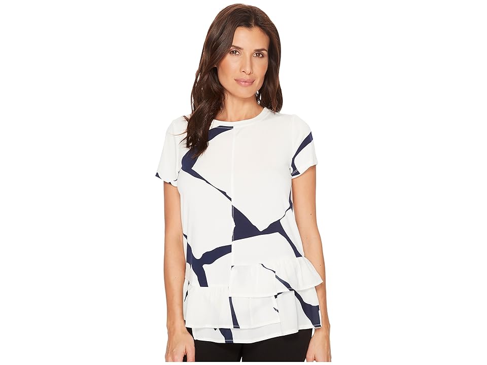 

Ivanka Trump Cap Sleeve Printed Blouse w/ Tiered Ruffle Hem (Ivory/Navy) Women's Blouse