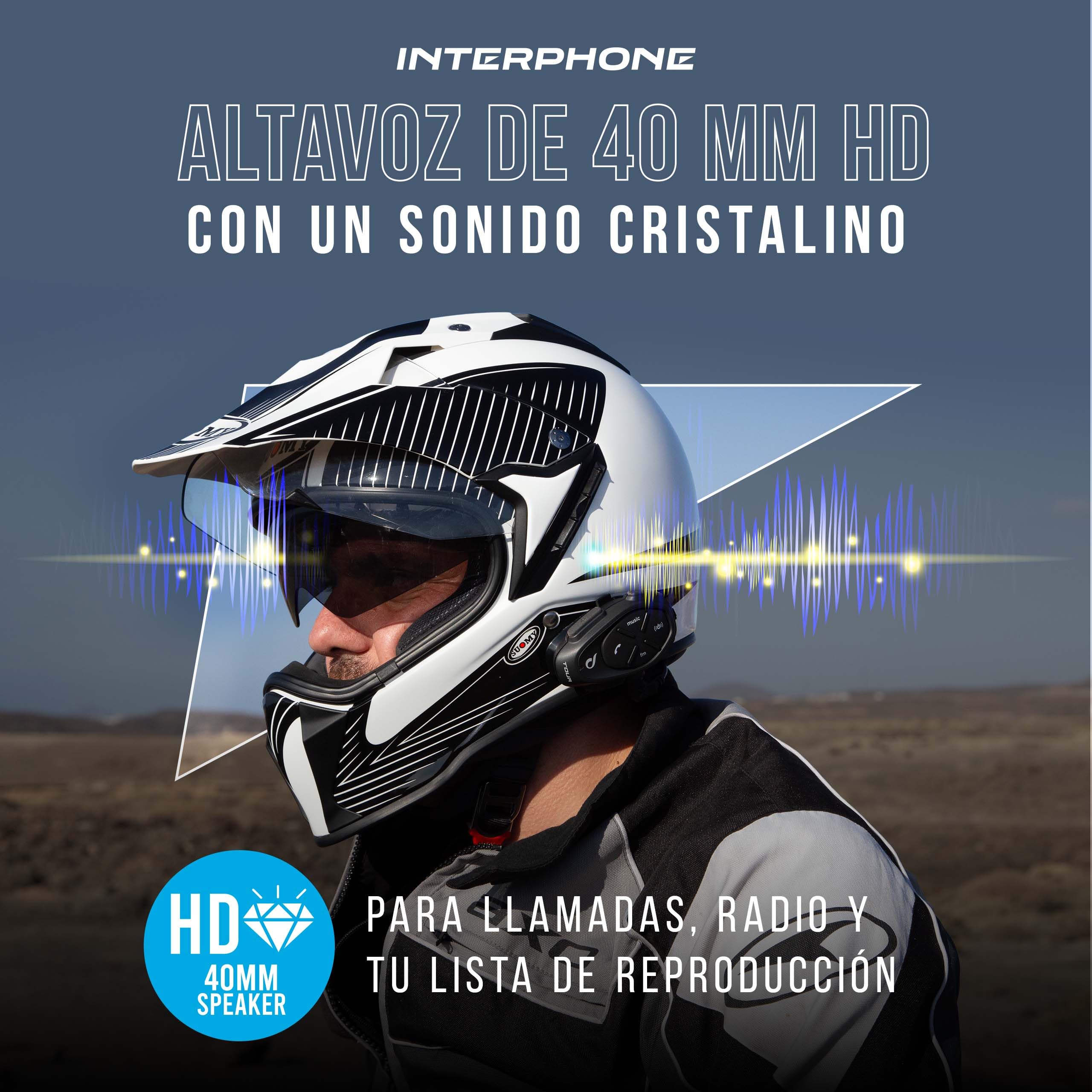 Interphone Tour HD Intercomunicador Casco Moto Individual, hasta 4 usuarios a 1,5 km de Distancia, intercomunicador con Bluetooth 4.2 para GPS y Llamadas, Accesorios Moto, 25 h de autonomía e IP67