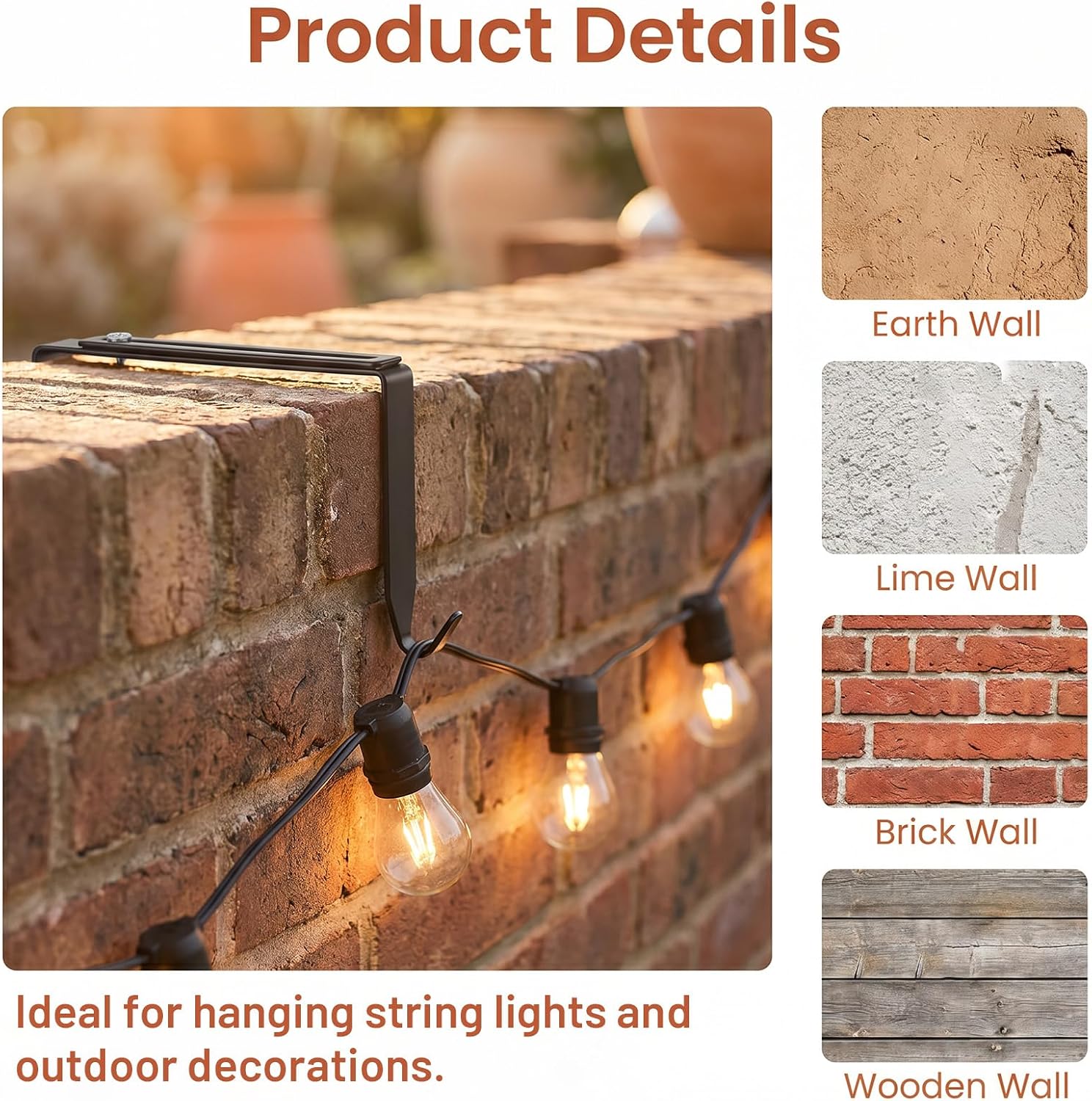 12 Pcs No Drill String Light Hangers 3.2-6 Inch Outdoor Concrete Wall Hooks | Adjustable, Metal, Cinder Block Wall Hangers, Light Hooks, for Concrete, Cinder Block, Brick Walls