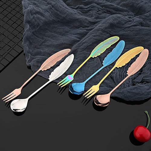 Miniatura 8 de JASHII 8 piezas de acero inoxidable 304 cuchara de café de plumas plateadas 4 y tenedor de aperitivo, 4 vajillas, mini utensilios de postre,