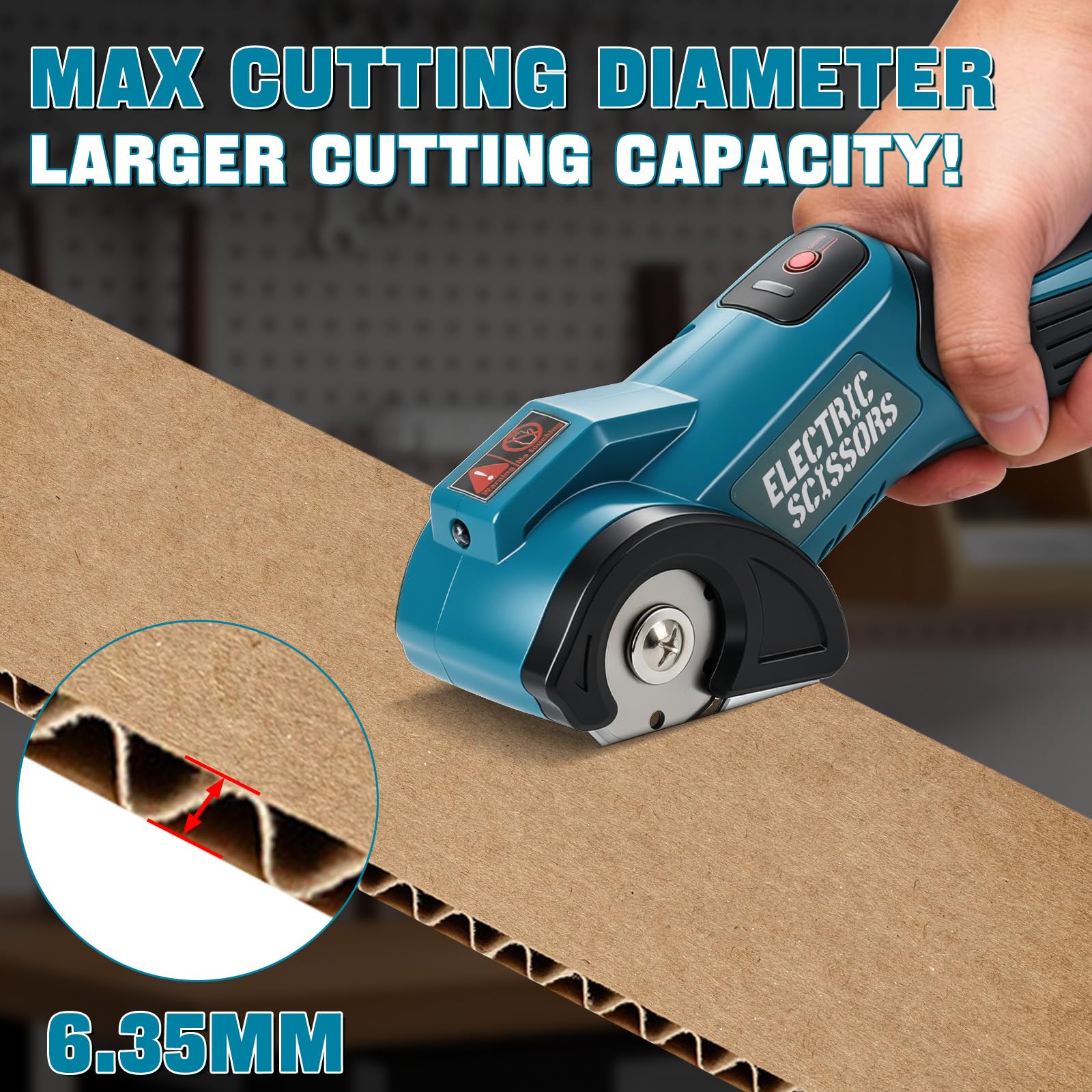 Akku-Universalschere für Makita 18V Akku (Ohne Akku), Elektrische Kartonschneider Rollschneider mit Sicherheitssperre und 2 Klingen, 6.35mm Schnitttiefe, für Leder Kartonage Stoff