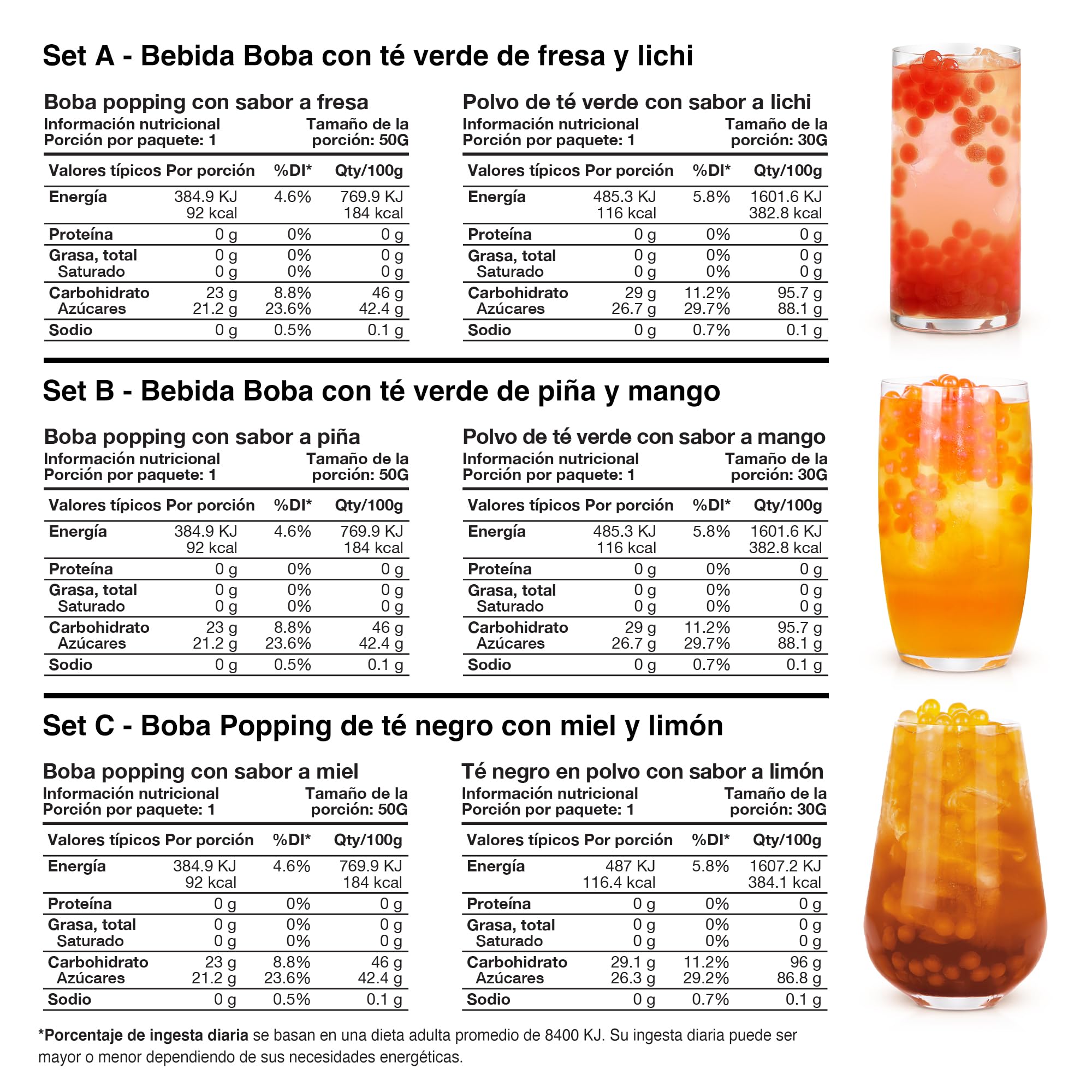 BobaBlast Bubble Tea Kit (240 g) - BobaPearls de 3 Sabores Afrutados de Fresa, Piña y Miel - Set Popping BobaDivertido y Rápido de Preparar - BobaTea Delicioso para Amigos y Familia